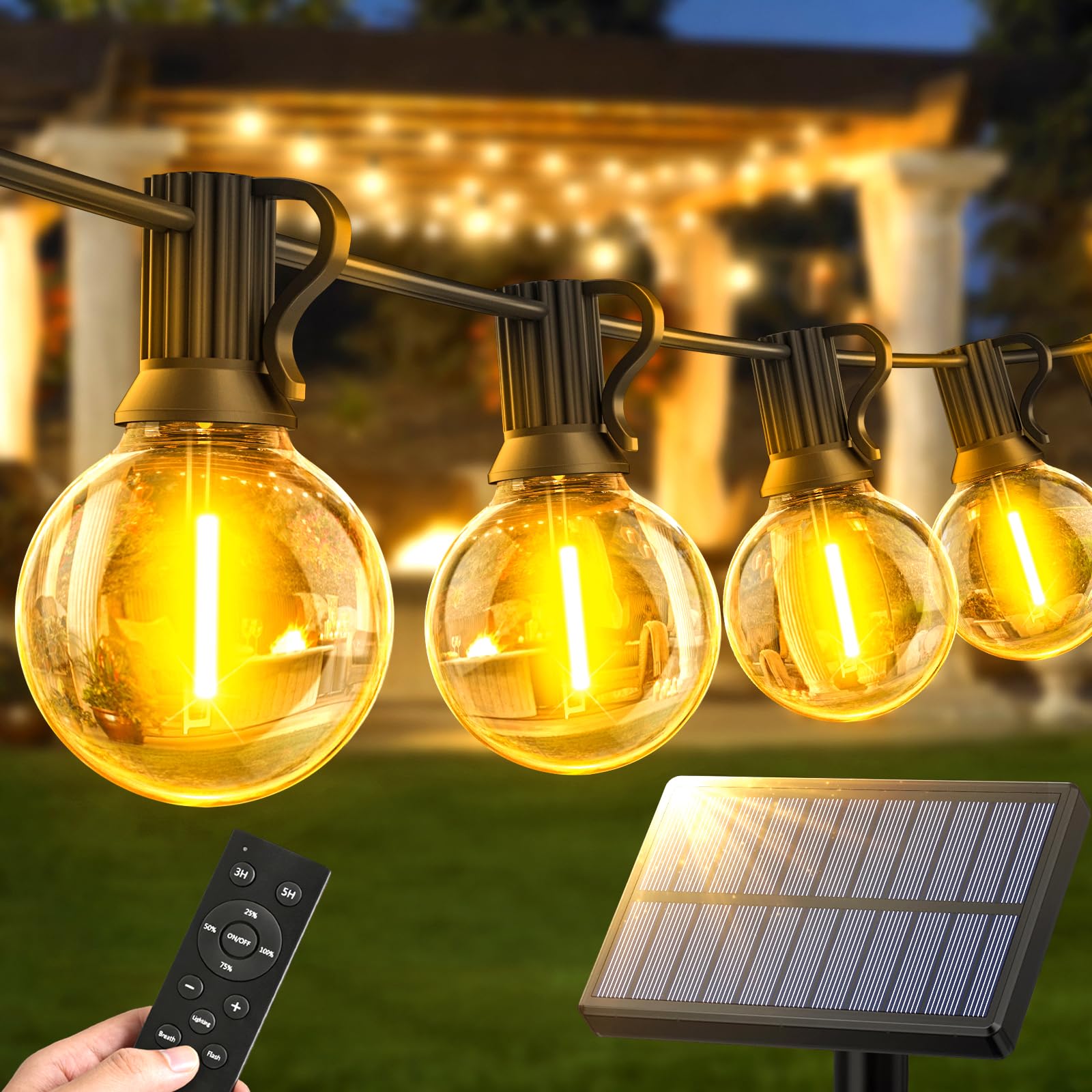 Warlisou Solar-String-Lights-Outdoor-Garden - G40 45.9ft String Lights Outdoor Festoon - Remote Control 14M Garden Light Outside Solar Powered Waterproof Led - Patio Party Gazebo Weding