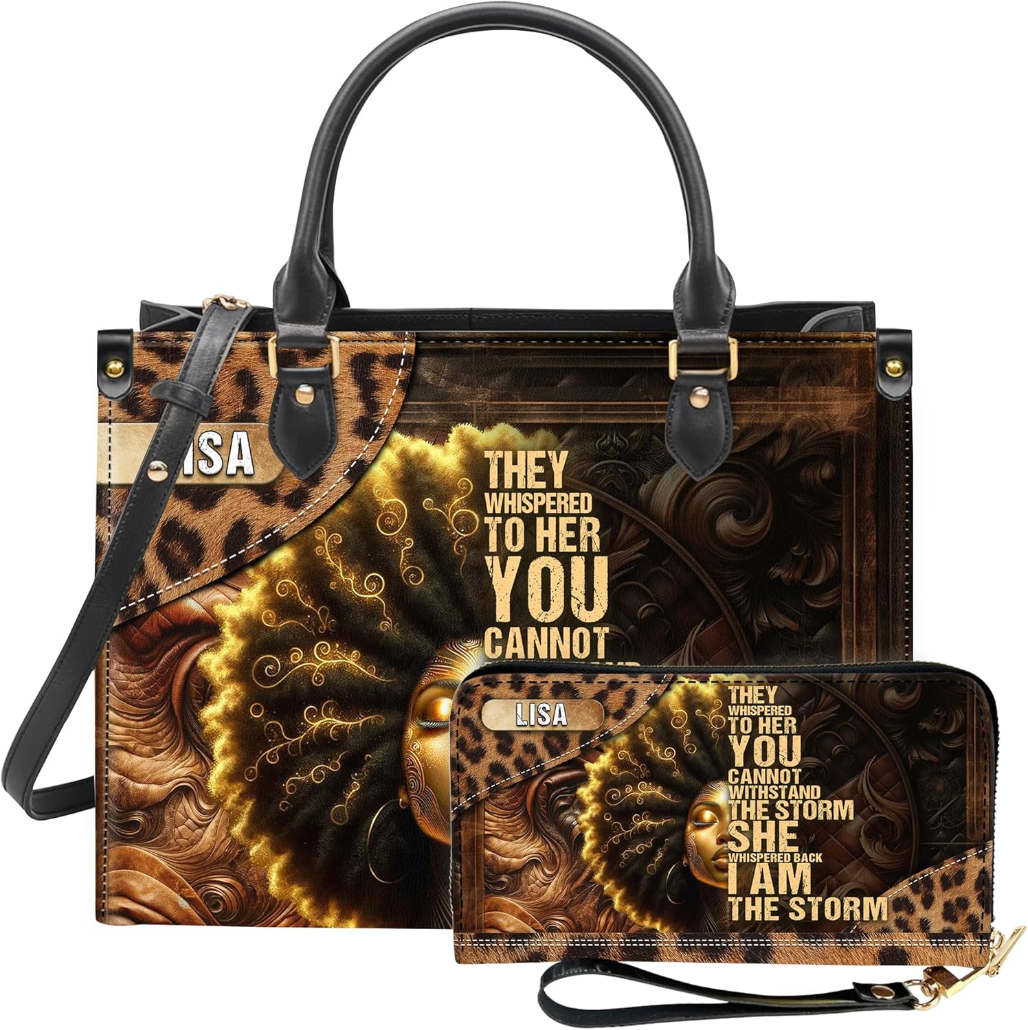 Personalized Leather Handbag For Black African Women – Matching Purse and Wallet Set – Mother's Day Gift for Melanin Women
