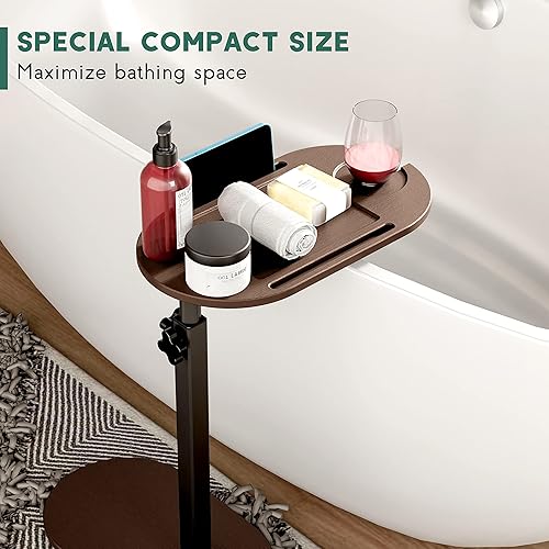 Miniatura 4 de Yumkfoi Mesa de bambú para bañera con altura ajustable, mesa auxiliar independiente para bañera contra pared, estante de bañera con soporte para