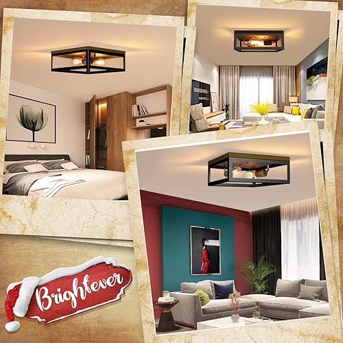 Miniatura 4 de Moderna lámpara de techo de montaje empotrado con 2luces, de 13pulgadas, madera oscura de estilo industrial, con marco negro mate y vintage, luz de