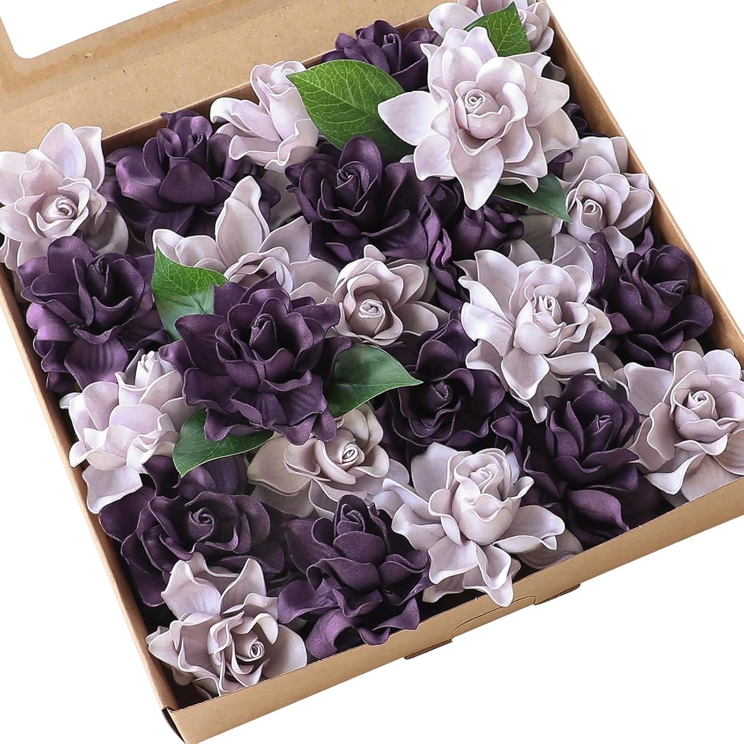 Floroom Artificial Gardenia Flowers 2.7" 25pcs Real Looking Lilac & Purple Foam Fake Flowers with Stems for DIY Wedding Bouquets Bridal Shower Centerpieces Floral Arrangements Party Tables Decorations