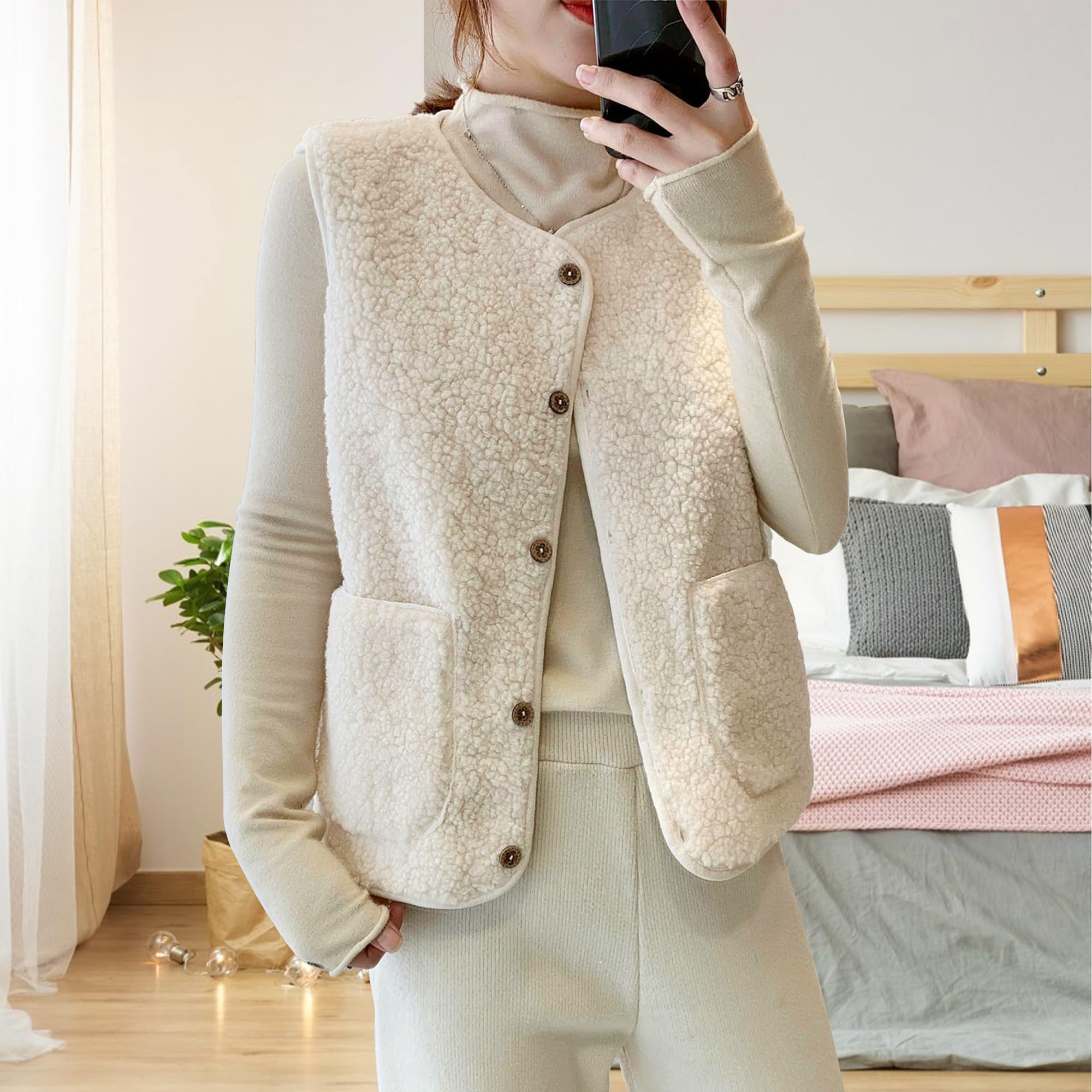 beifon Gilet Sans Manches Femme Polaire Doudoune Sans Manches Fourrure Veste Laine Couleur Unie Blouson Mode Bouton Matelassée