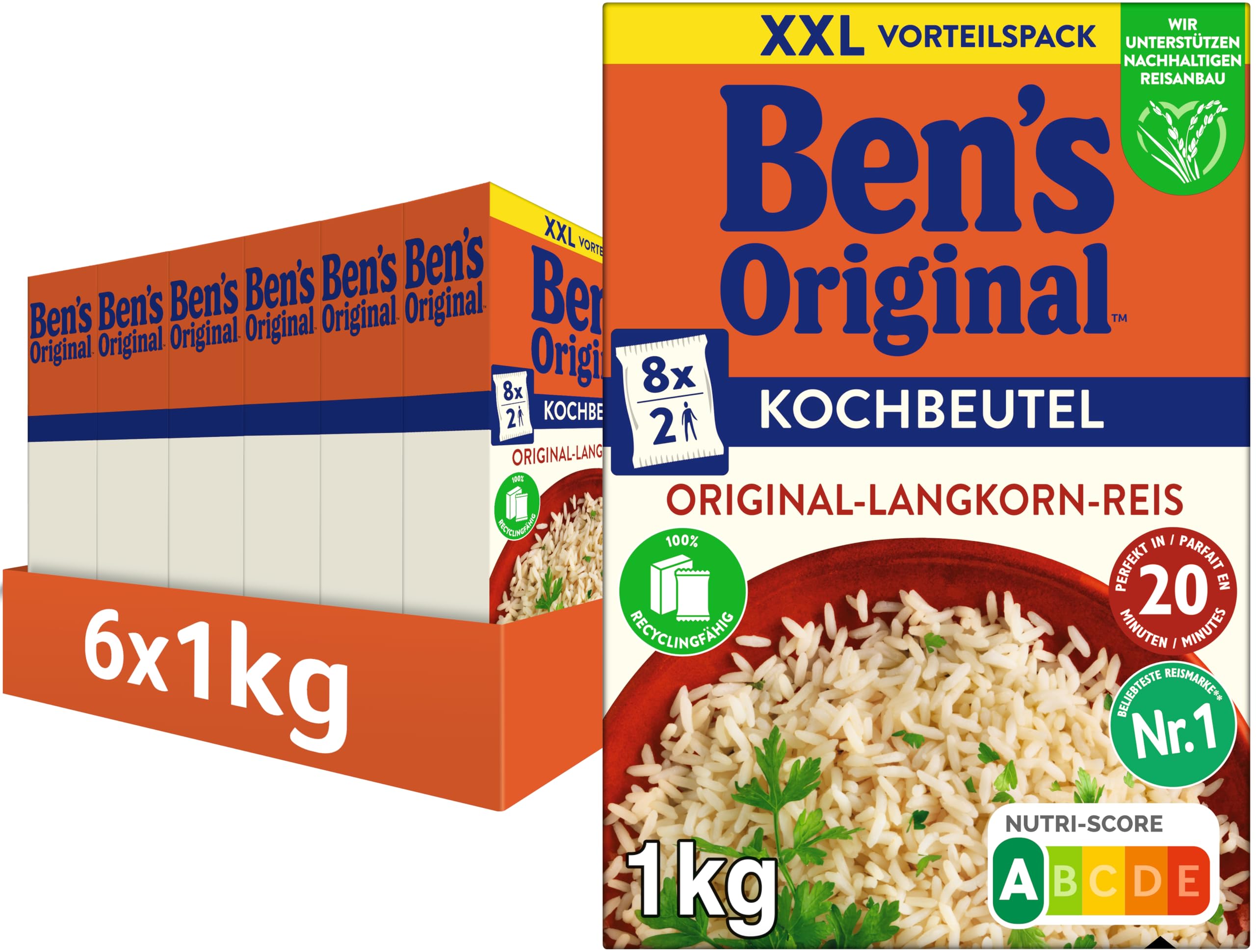 BEN'S ORIGINAL™ Original-Langkorn-Reis 20-Minuten im Kochbeutel 6x1kg
