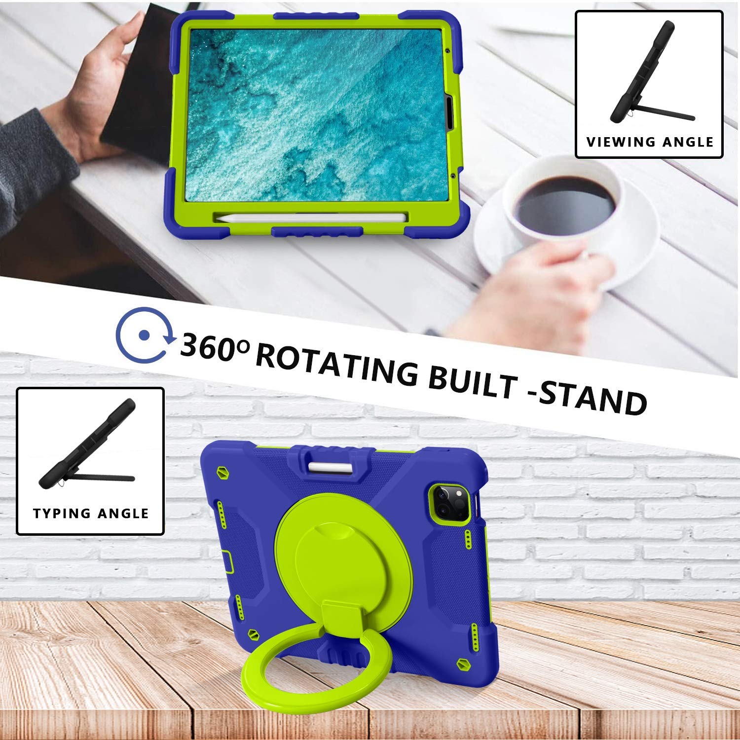 Tablette Coque For iPad 2020 AIR4 10.9 / PRO 11, Couvercle de protection antichoc adorable For enfants, avec support poignée pliante, kickstand rotation, bandoulière transportante(Navy blue+grass green)
