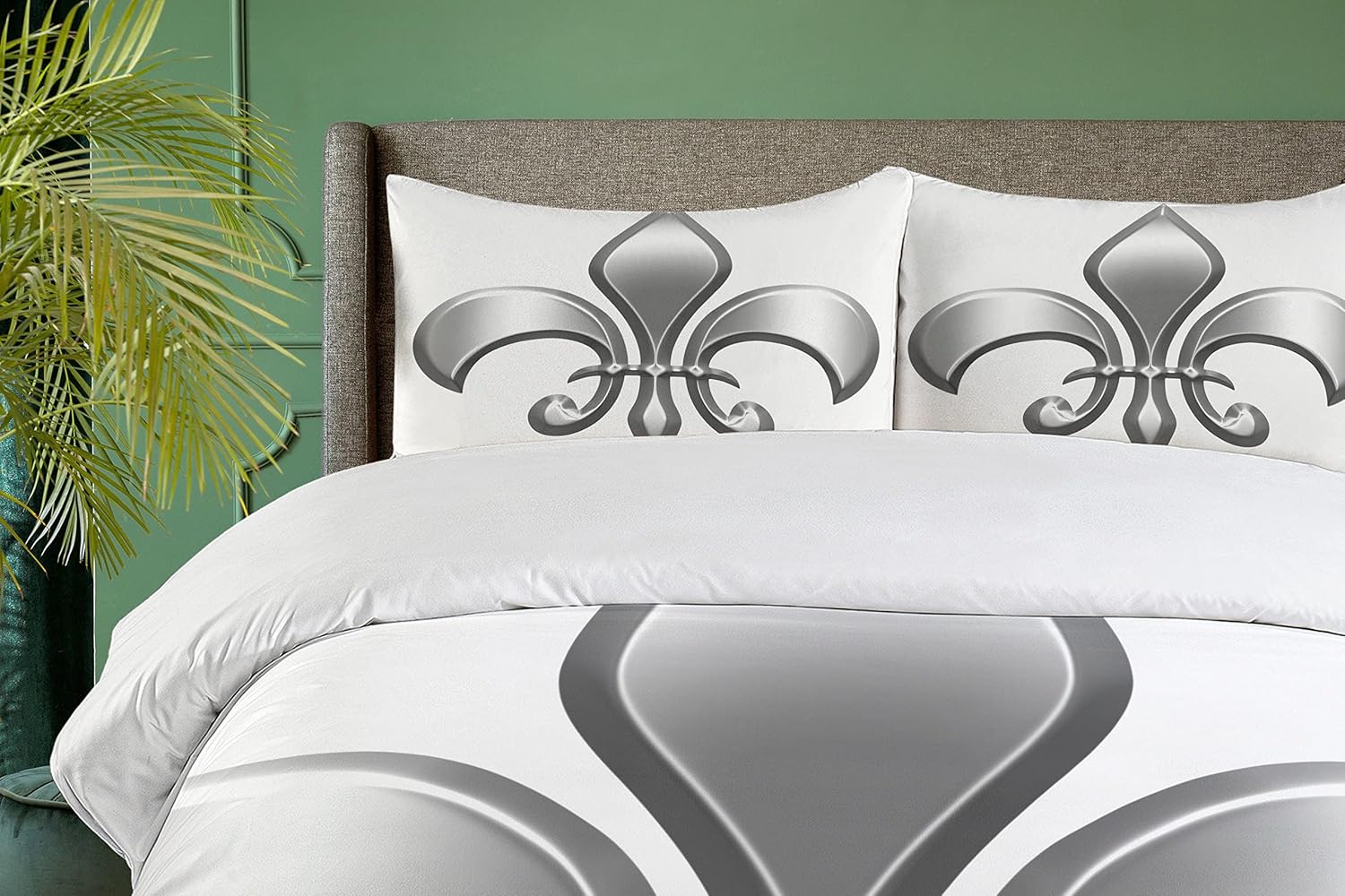 Ambesonne Fleur De Lis Duvet Cover Set, Lily Flower Nobility of Knights in Medieval Time European Iris, Decorative 3 Piece Bedding Set with 2 Pillow Shams, King Size, White Silver King White Silver