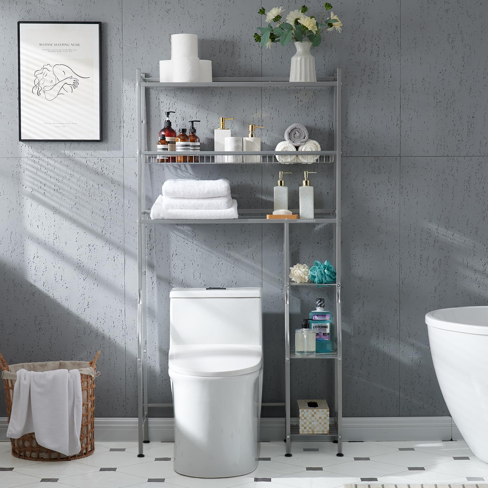 lauren&harold over toilet bathroom organizer 33",6-tier over the toilet storage cabinet,over the toilet storage shelf for restroom,laundry(silver)