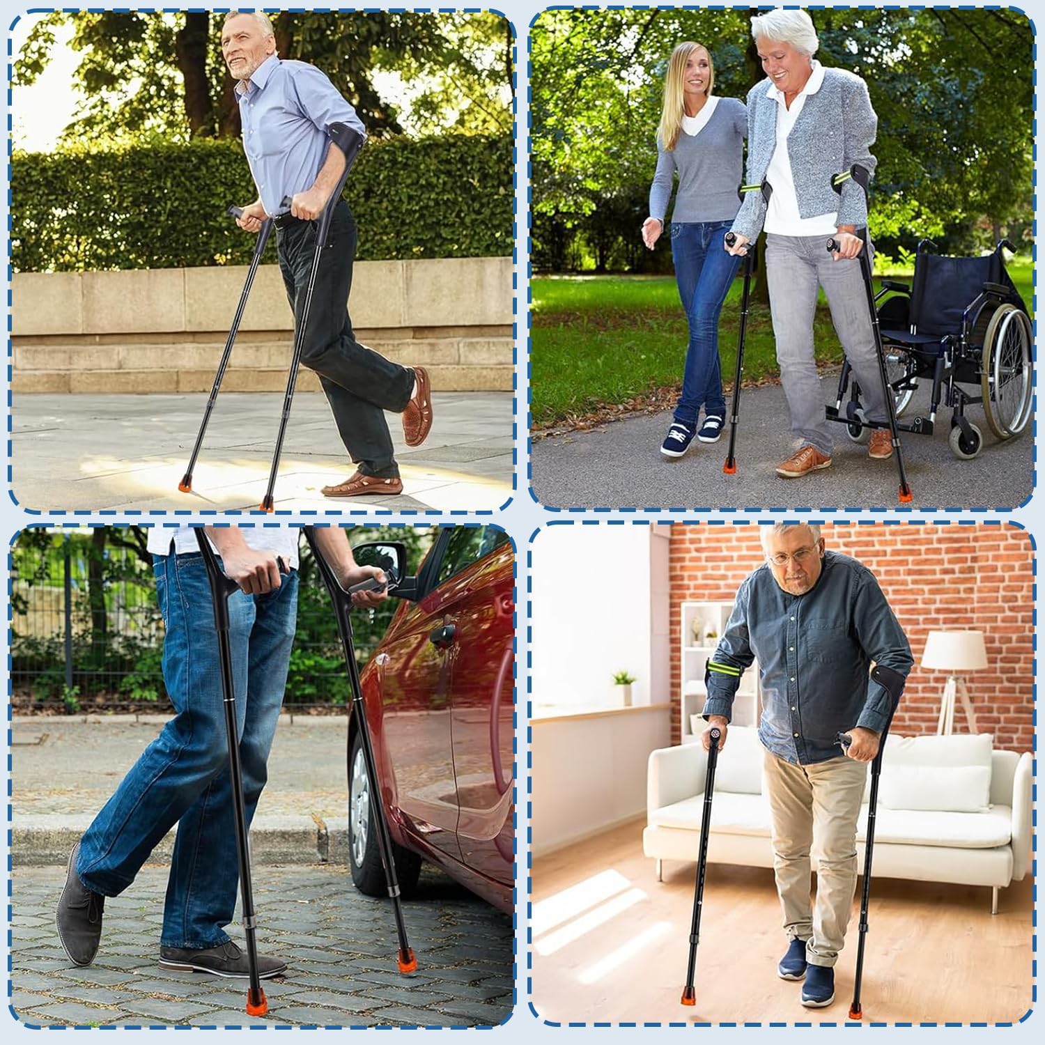 Paquete de 2 muletas plegables para adultos, muletas ligeras para adultos, mujeres, hombres, ancianos, muletas ajustables en altura con mango cómodo, muleta negra para ayuda diaria al