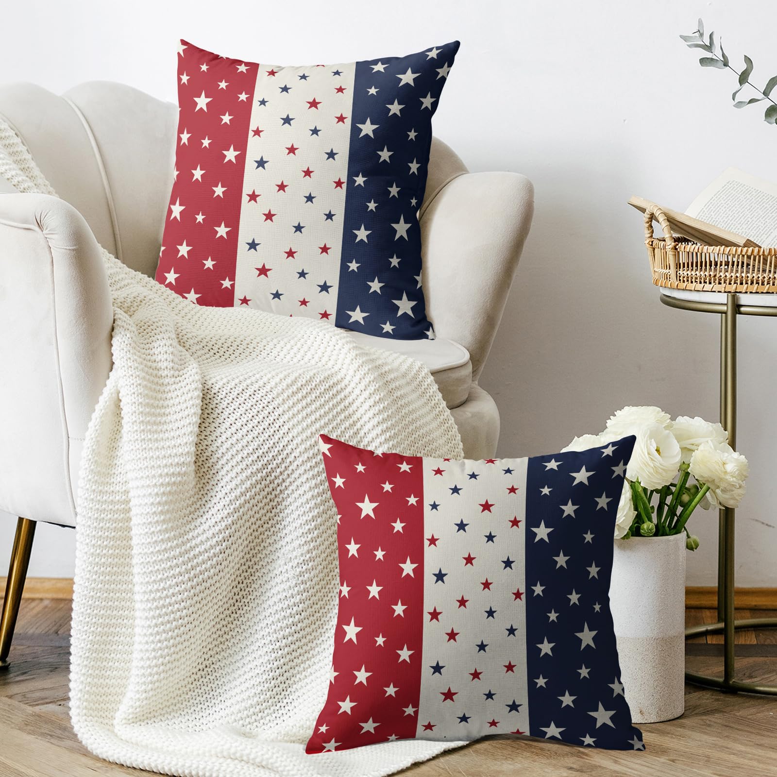 4th of July Patriotic Blue Red Pillow Covers 18X18 Set of 2, Fourth July Independence Star Print Decorative Throw Pillowcases Outdoor Farmhouse Memorial Day Cushion Cases Couch Sofa Bed Decor 2