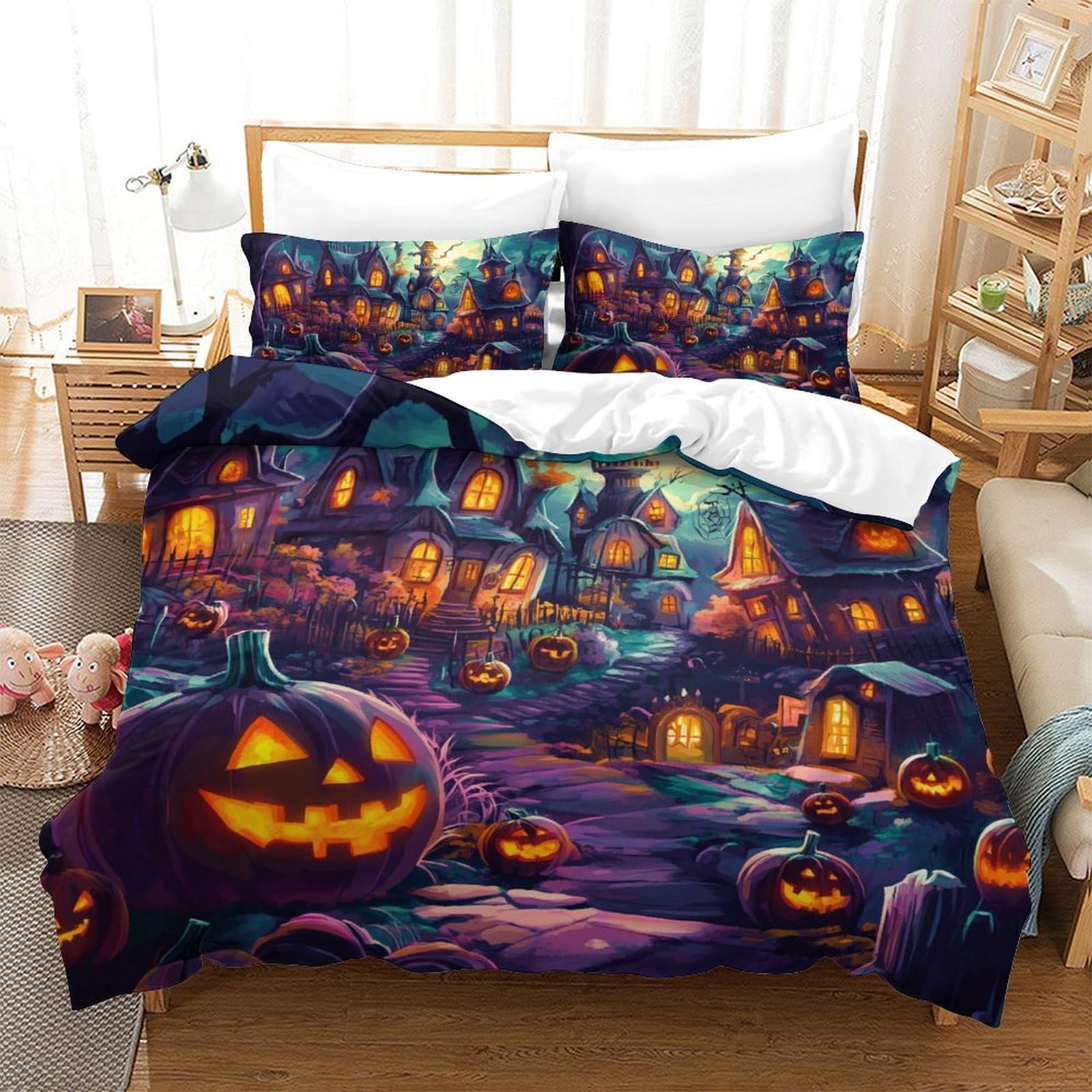 Village d'Halloween parure de lit microfibre soft impression 3D premium 200x200