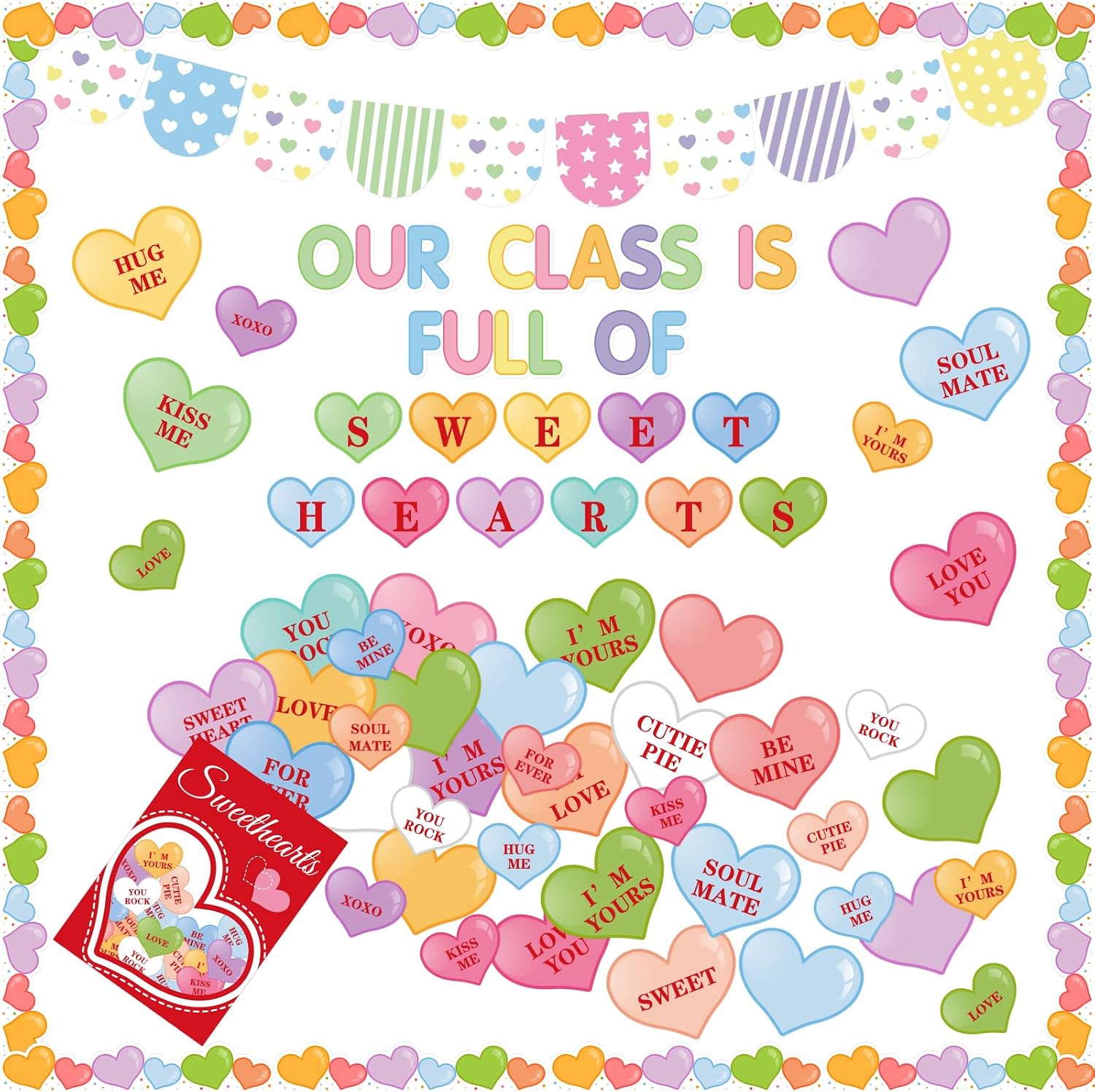Hooqict Valentine's Day Conversation Heart Bulletin Board Classroom Decorations Valentines Day Bulletin Board Border Set Sweet Love Heart Cutouts Name Tags School Chalkboard Wall Party Decor