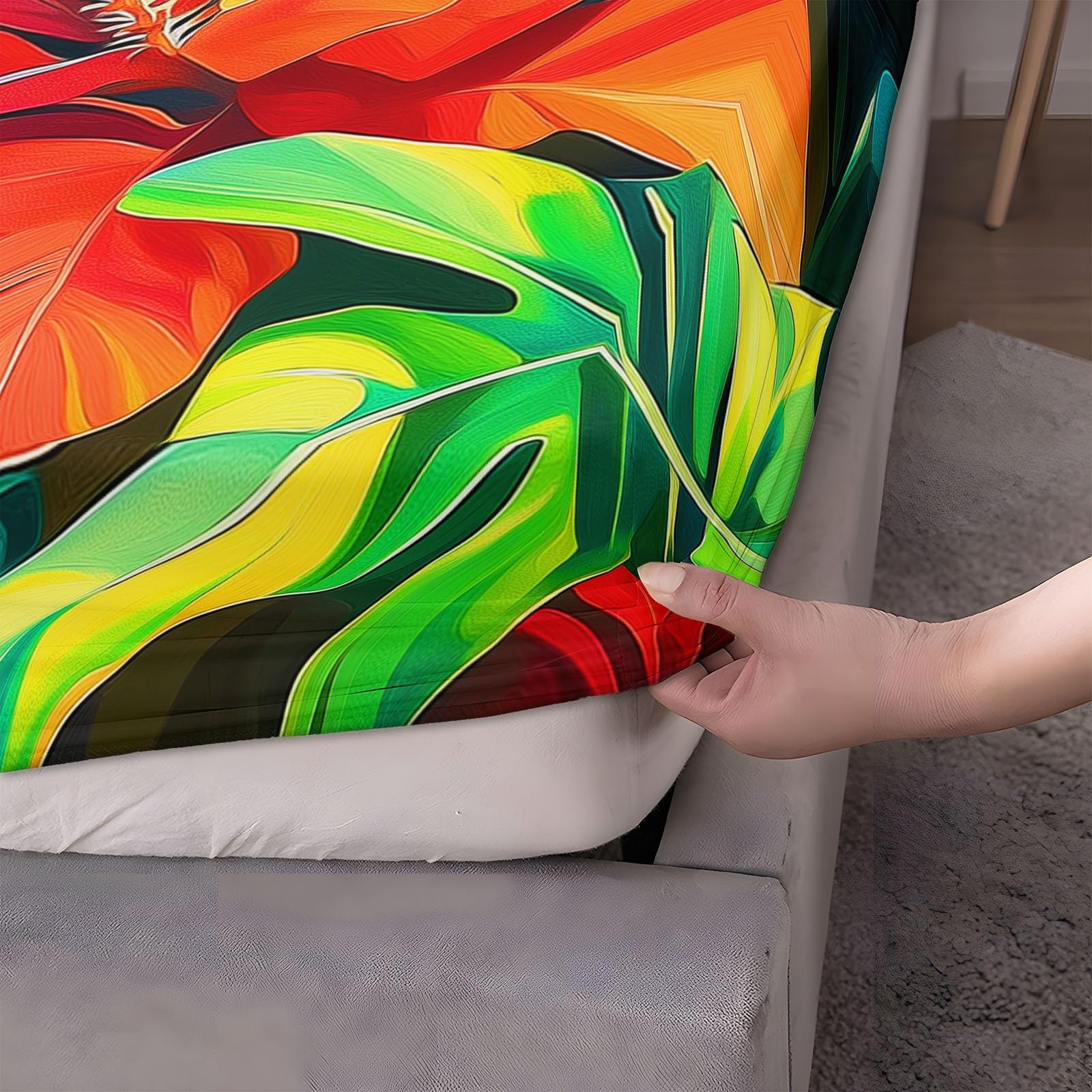 Drap Housse 160 x 200 cm avec Bonnet 30 cm, Plantes Tropicales Fleurs Feuilles Drap Housse Enfant, Drap Housse Matelas Epais Vert Sauge, Microfibre Brossée avec Une Rebord Élastique