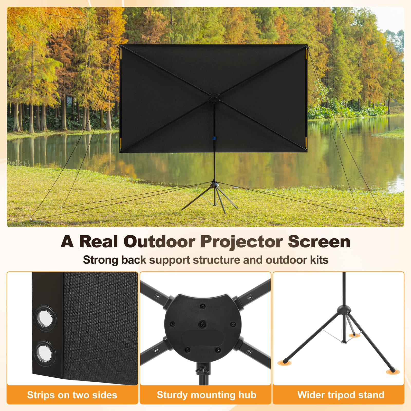 Schermi di Proiezione Esterno, 90 Pollici (16:9), Schermo con Supporto, Design Antivento per Proiettore Portatile, con Corde e Picchetti, Alto Guadagno, Immagine 4K per Home Theater e Campeggio.