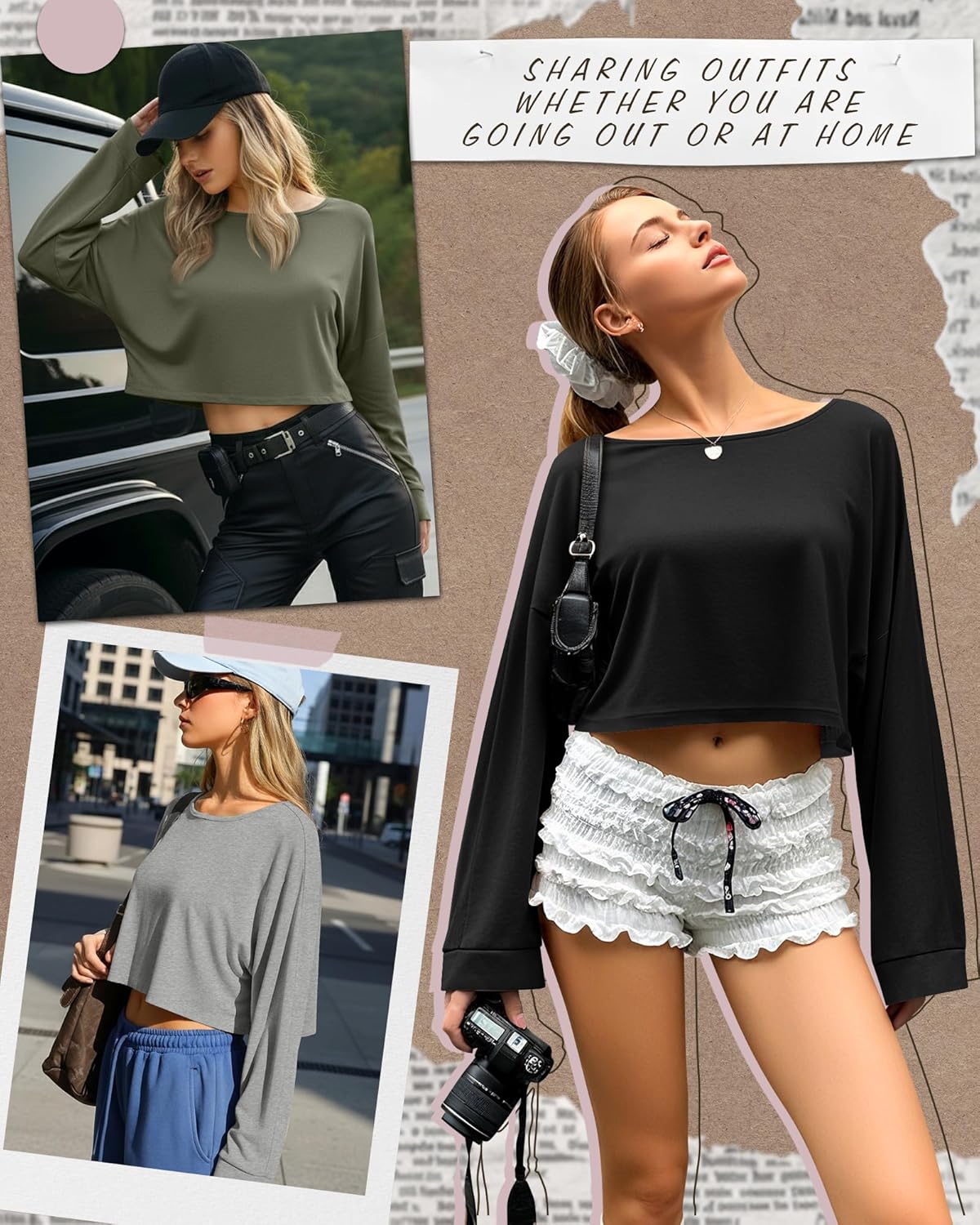 3 Pack Women's Long Sleeve Crop Shirts Loose Fit Cropped Oversized Tees Crew Neck Casual Pullover Tops - Image 3