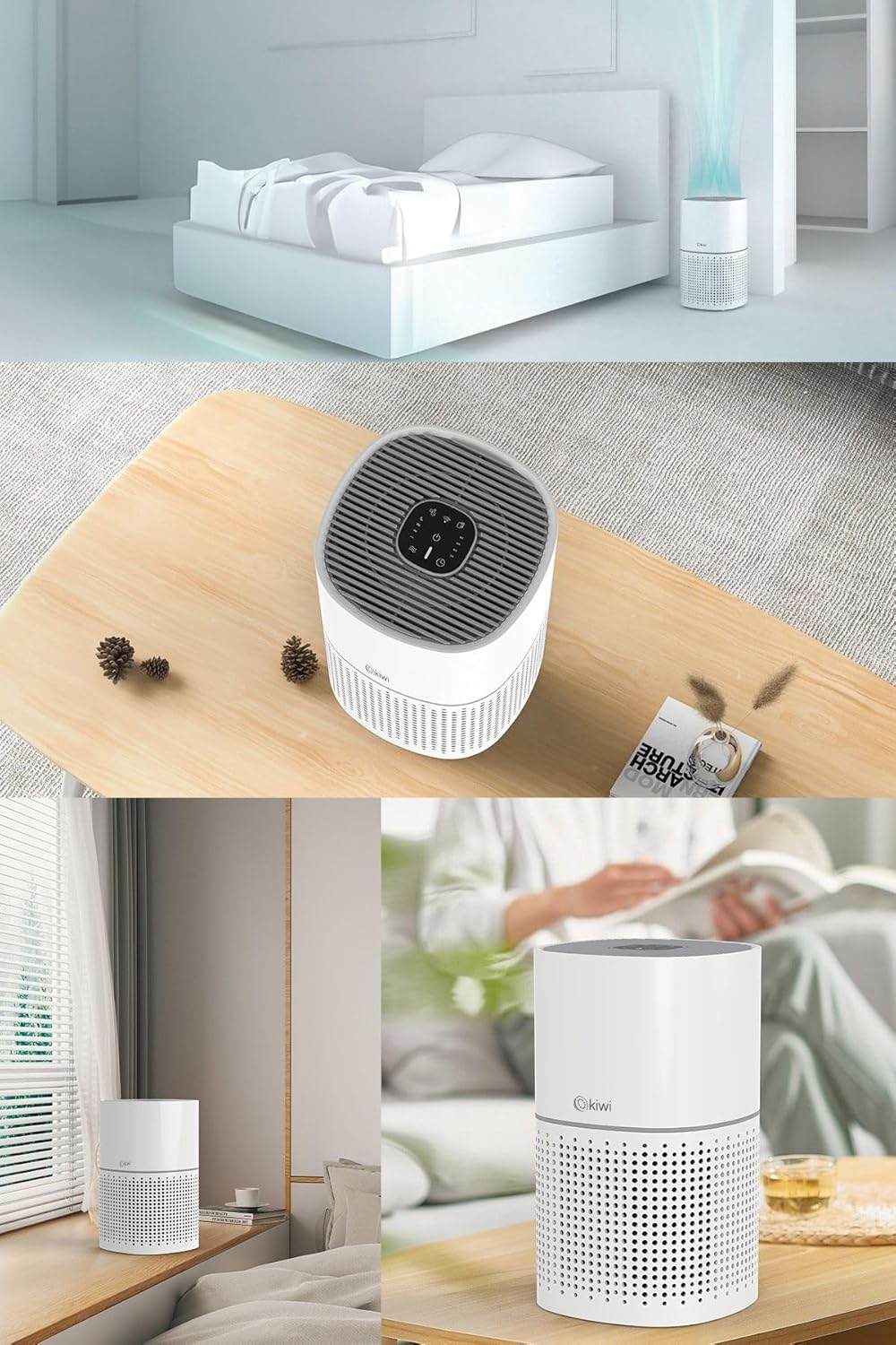 Kiwi KAP 6730 Air Purifier placed in various room settings.