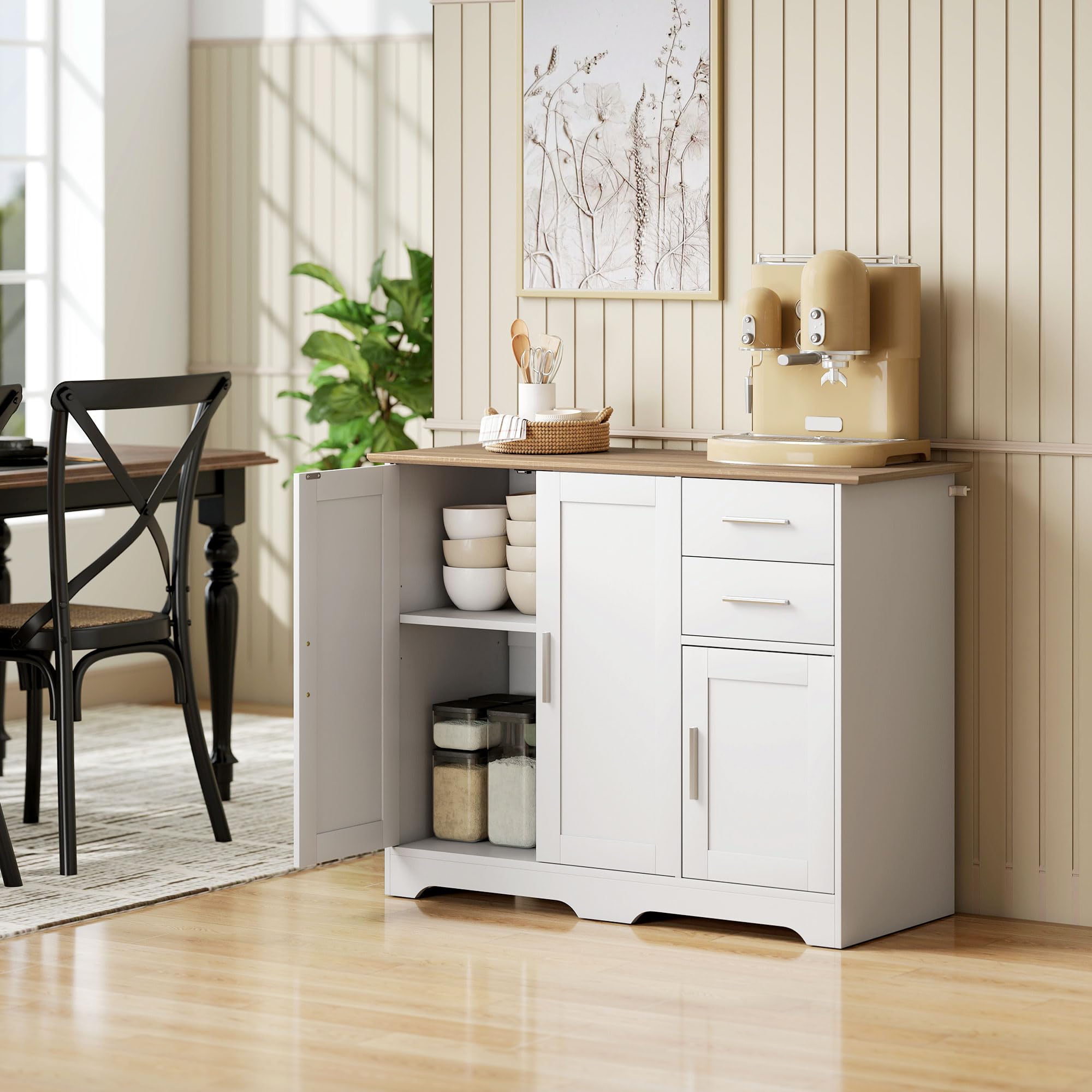 HOMCOM Credenza Cucina, Mobile Cucina con 2 Cassetti e 2 Armadietti, Credenza Buffet con Ripiani Regolabili, 3 Ante, Stile Moderno, per Soggiorno, Sala da Pranzo, 100x40x78 cm, Bianco e Color Legno