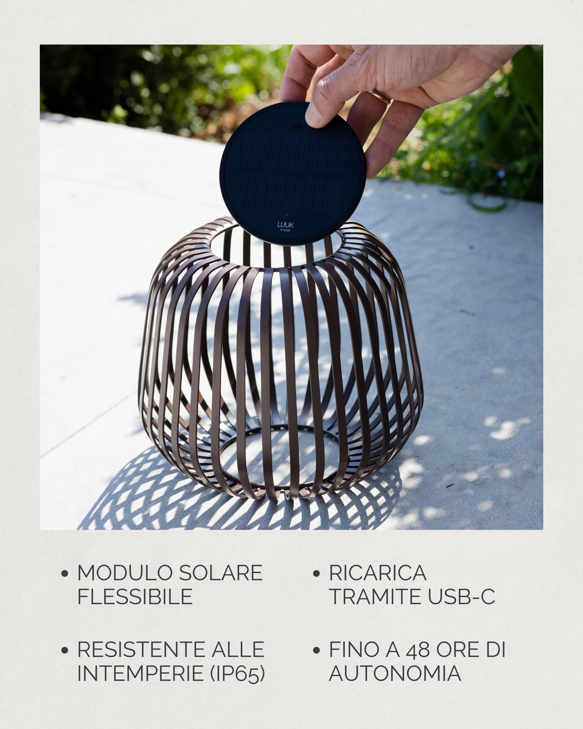 LUUK Studio Lanterna Solare, IP65, Lampada da Tavolo Senza Fili, Noce, S | Luce d'atmosfera Dimmerabile per Giardino e Balcone: Energia Solare, Ricaricabile via USB-C, per uso Interno ed Esterno