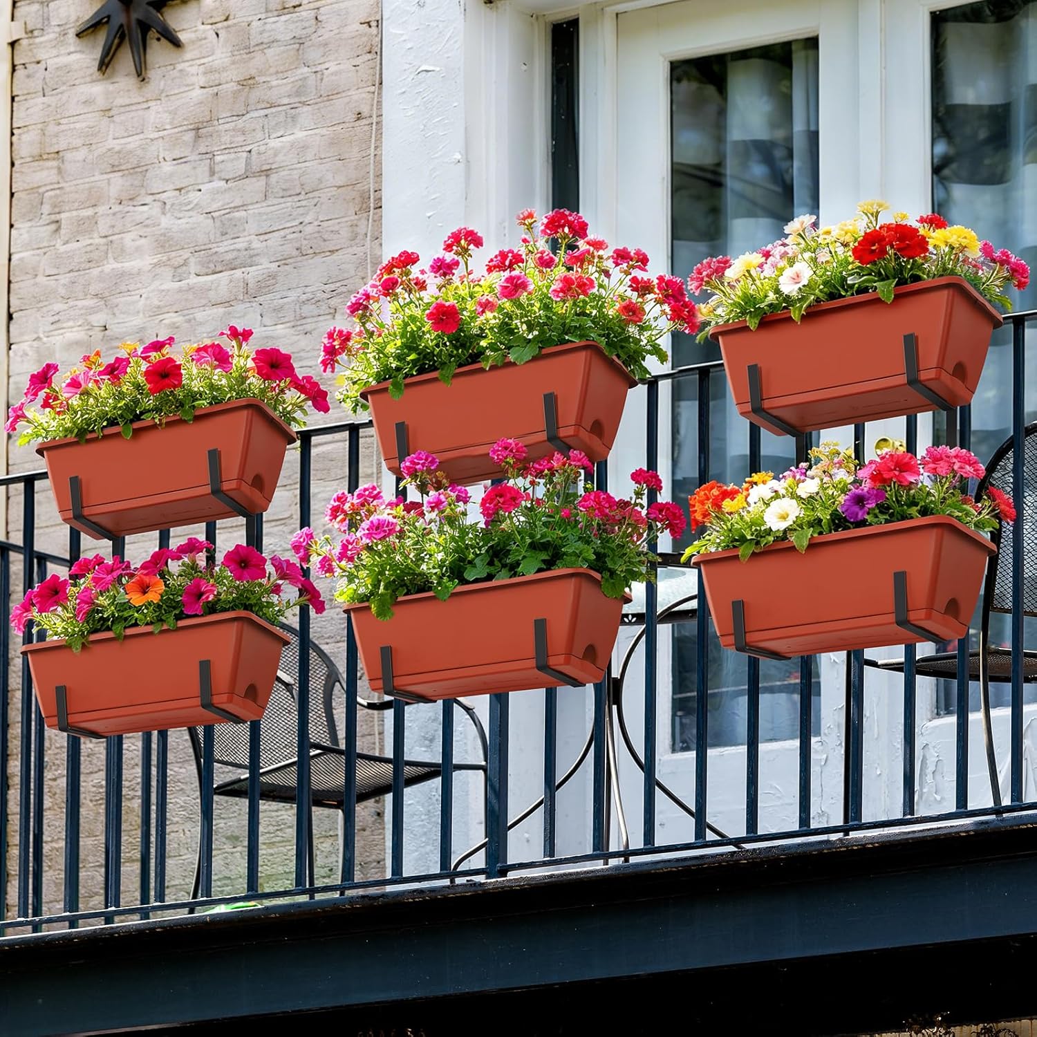 Railing Planter Boxes 17 Inches Rectangular Window Box Planters with Flower Box Brackets 2 Tier Adjustable Balcony Planters for Indoor Outdoor Herb Plants Hanging Porch Fence Rail