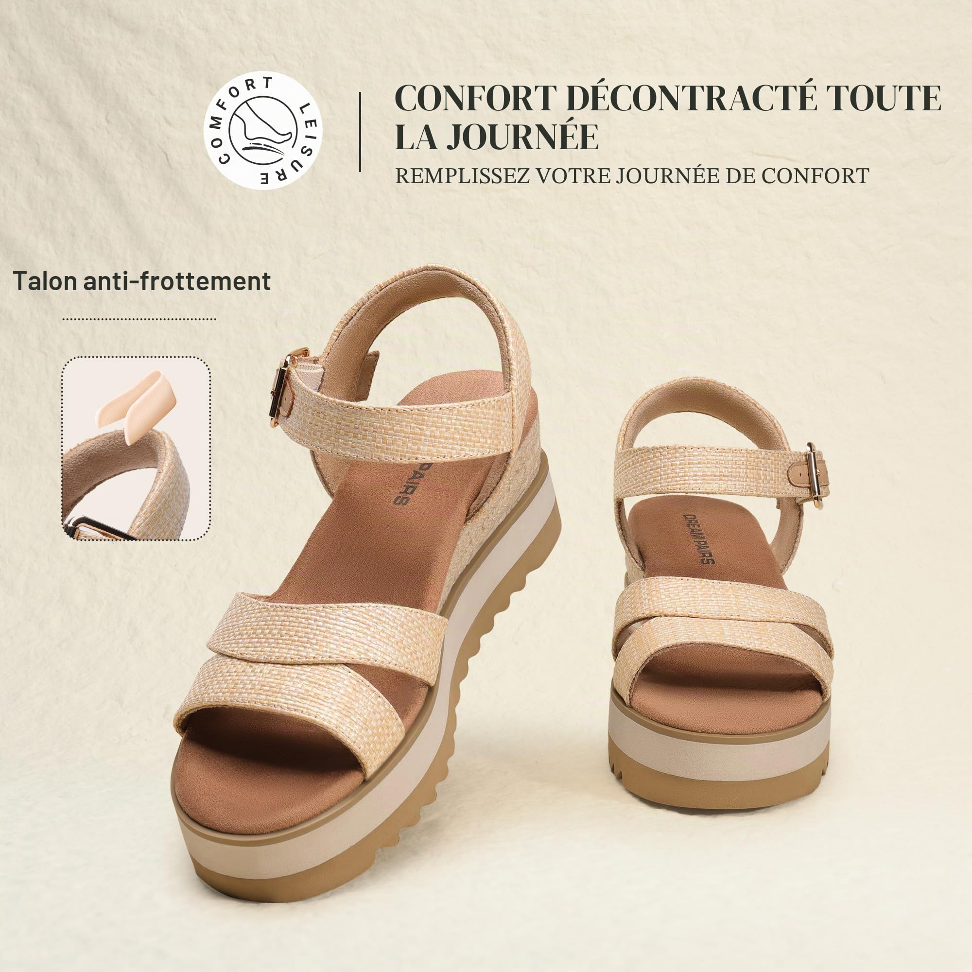 DREAM PAIRS Sandales Compensées Femme Confortables Respirantes Espadrilles Plateforme Sandales Femme Bride Cheville Réglable Chaussures Été Mode Vacances Plage