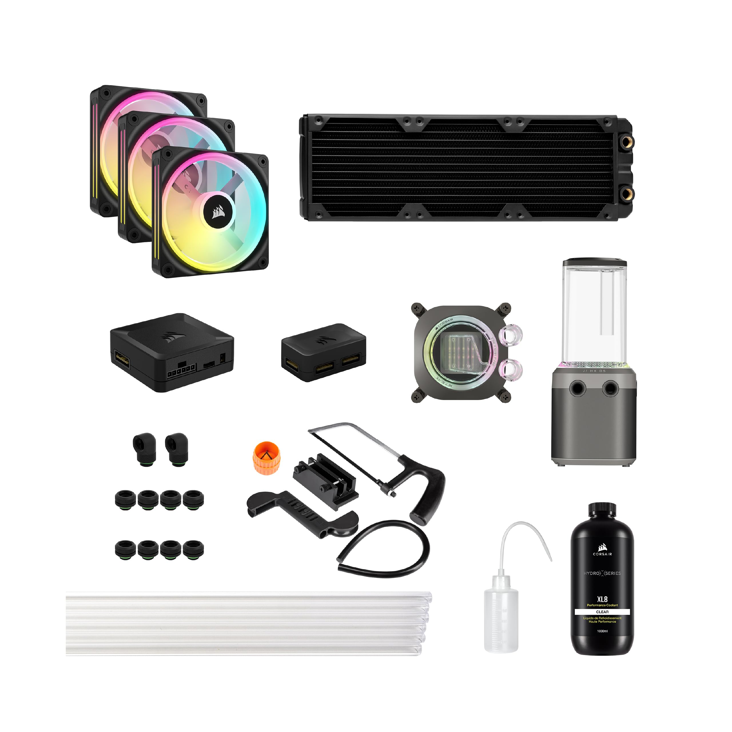 CORSAIR Hydro X Series iCUE Link XH405i Kit de Watercooling Personnalisé – Waterblock pour Processeur XC7 Elite – Pompe/Réservoir D5 XD5 Elite – 3 Ventilateurs RGB QX120 – Gris Furtif