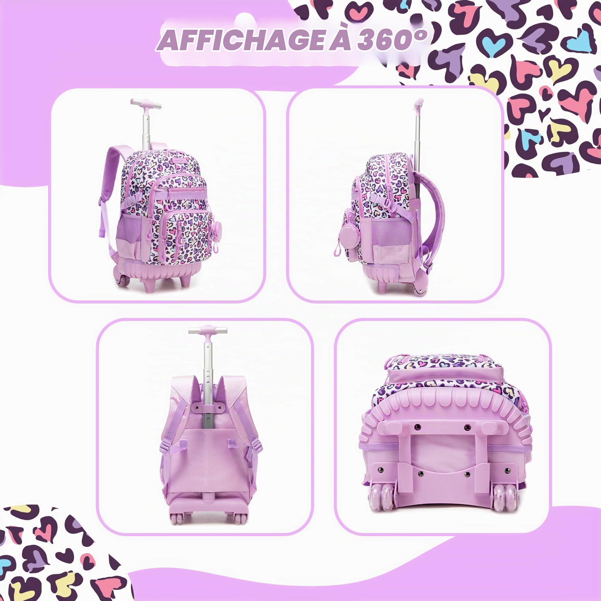 HTgroce Cartable a Roulette Fille cm1 Sac a Roulette Fille Primaire Rentree Scolaire CP,CE1,CE2