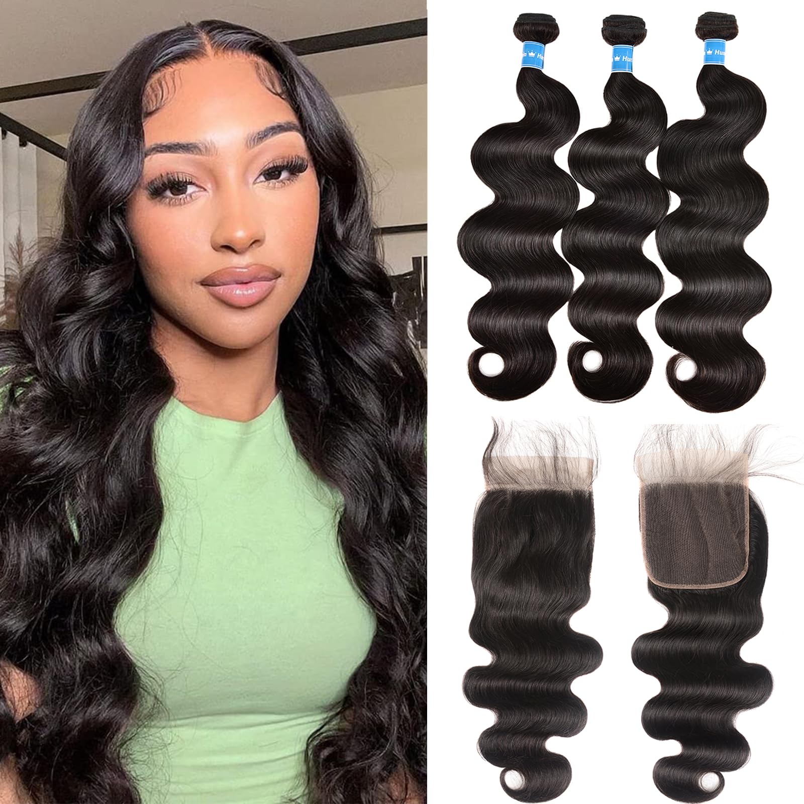 Human Hair Bundles with Closure Body Wave 3 Bundles with Closure(18 20 22+16)10A Grade Brazilian Virgin Hair Human Hair Bundles with 4x4 Lace Closure