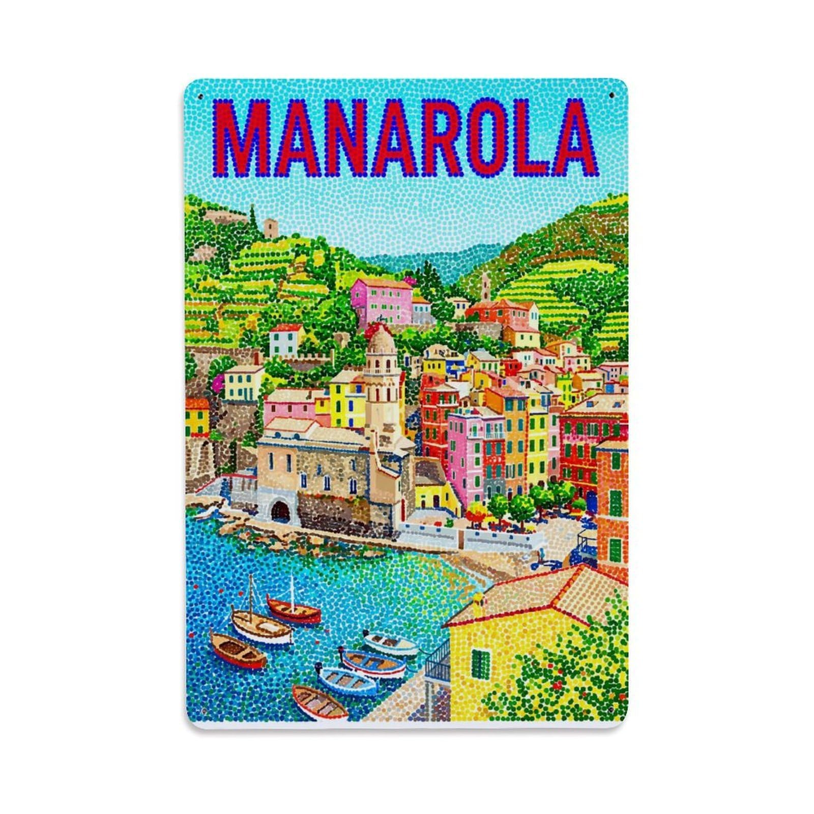 Huiyhb 8X12inch(20X30cm) Vintage Travel Manarola Italy Pointillism Metal Tin Sign