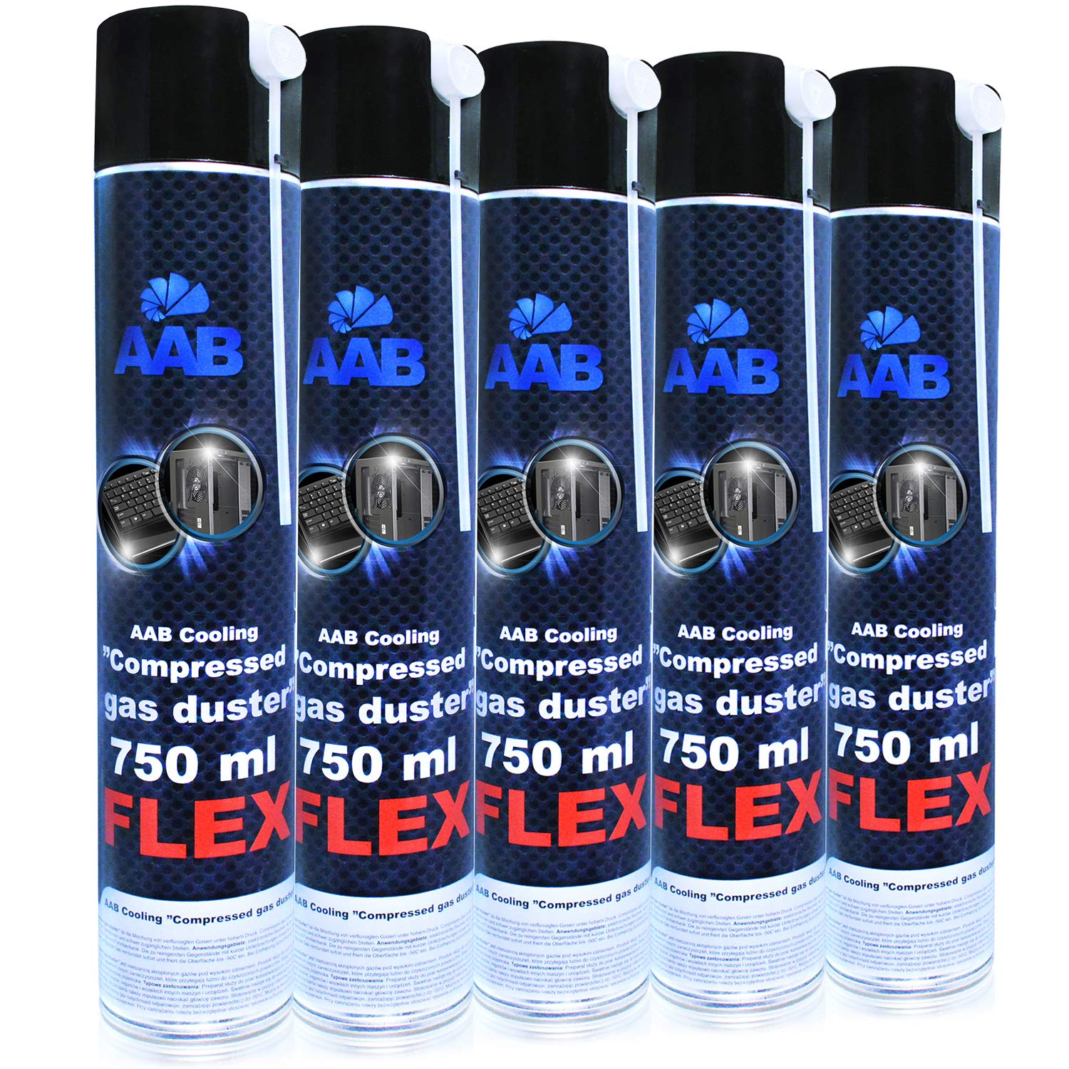 AABCOOLING Compressed Gas Duster Flex 750ml - Set of 5 - Air Duster with a Flexible Tube, Laptop Cleaner, Compressed Air Can, Air Blower, Air Spray