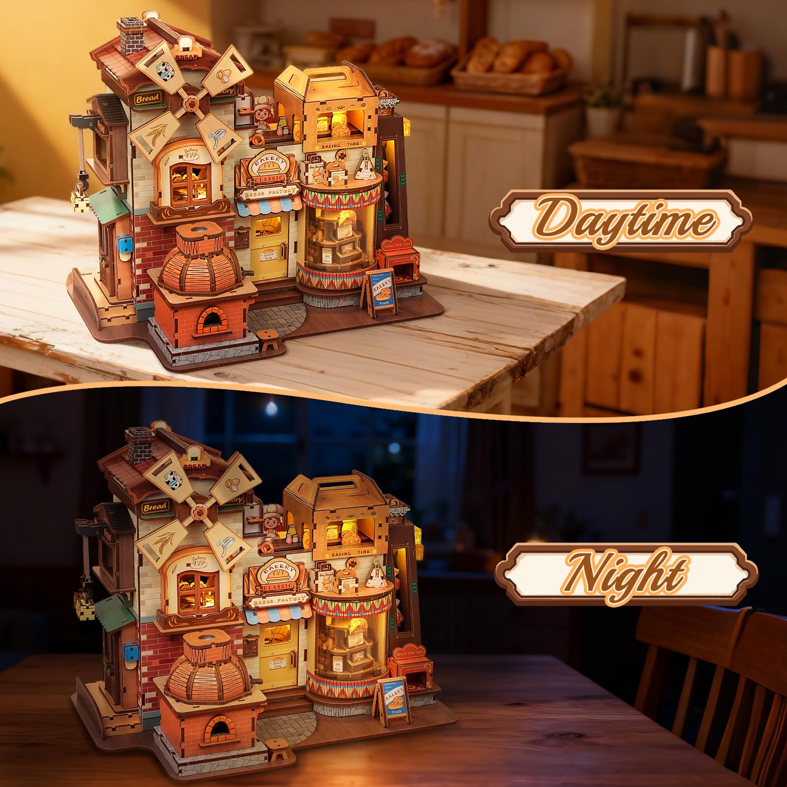 Cutefun Drewniane puzzle 3D, zestaw modelarski – 576-częściowy zestaw Book Nook dla dorosłych – model wierny w skali z muzyką, światłem LED – motyw chleba, fabryka prezentów