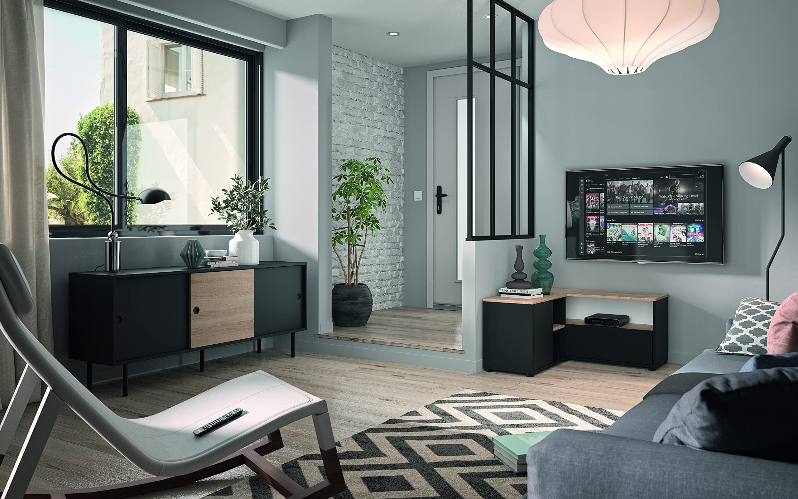 Symbiosis Angle, Tavolino porta tv angolare, Nero e Rovere Naturale 90x90x45 cm