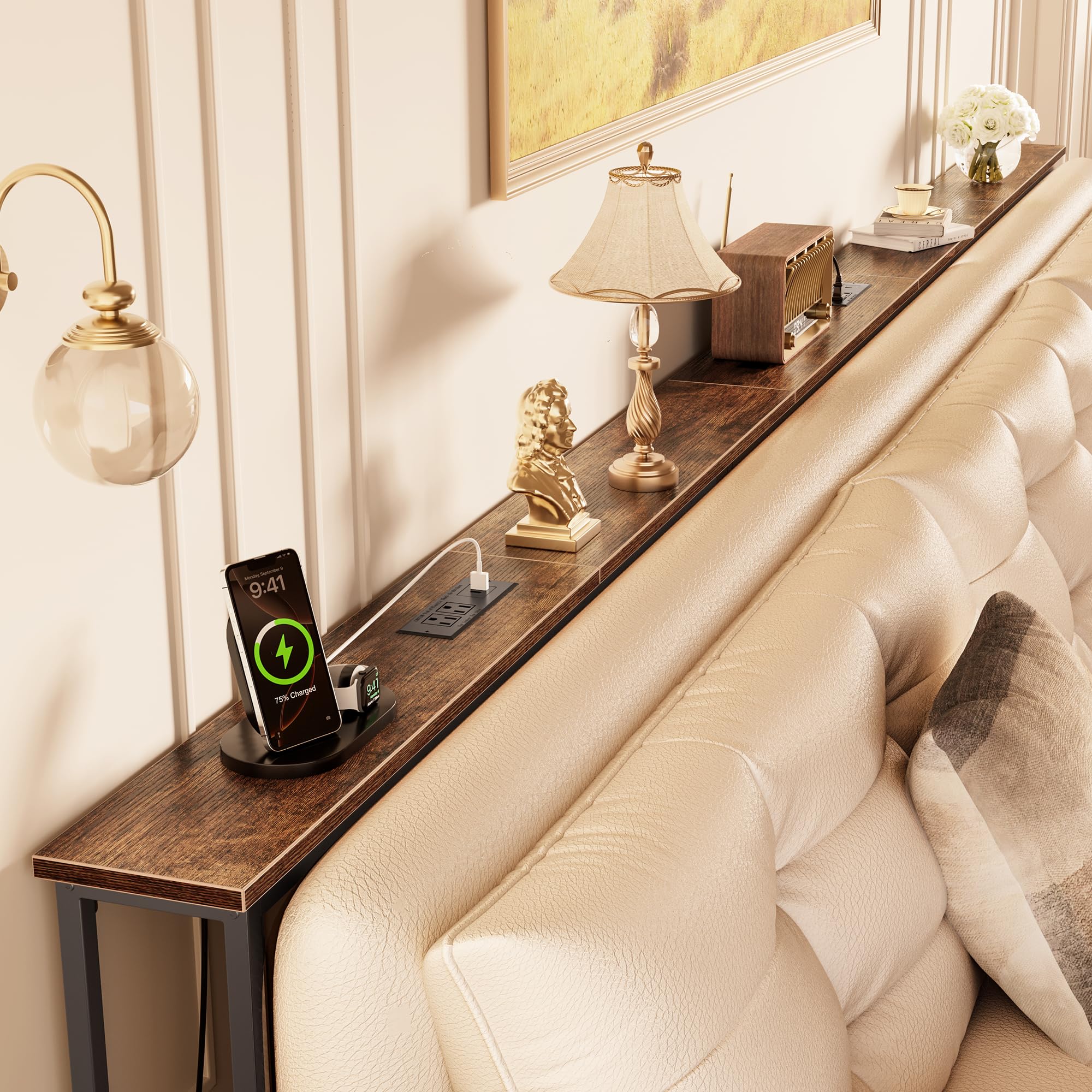 Huuger 126 Inch Sofa Table with Power Outlets, Skinny Behind Couch Table