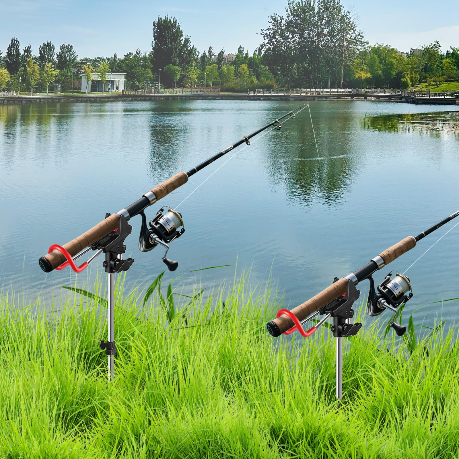 Leeko Supporto per canna da pesca, 2 pezzi, regolabile in altezza 57 – 87 cm, in acciaio inox, universale, regolabile a 360°, accessorio per la pesca a terra, portatile e rimovibile (aggiornamento a 3