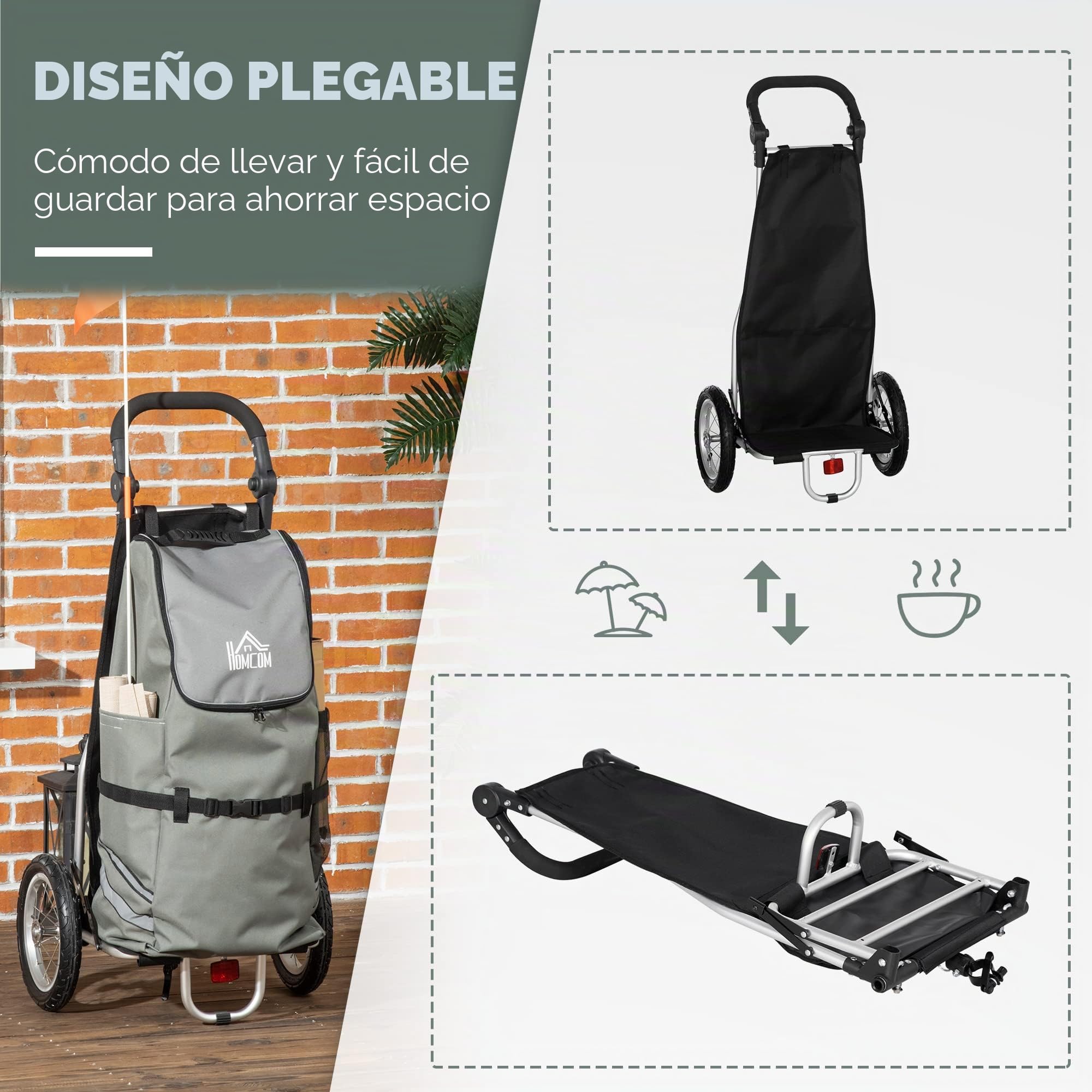 HOMCOM Remolque de Carga 2 en 1 Carro de la Compra para Carrito de la Compra Remolque para Bicicletas Remolque de Transporte con Abrazaderas de conexión para Acoplamiento de Bicicletas 24,3 kg máx 55