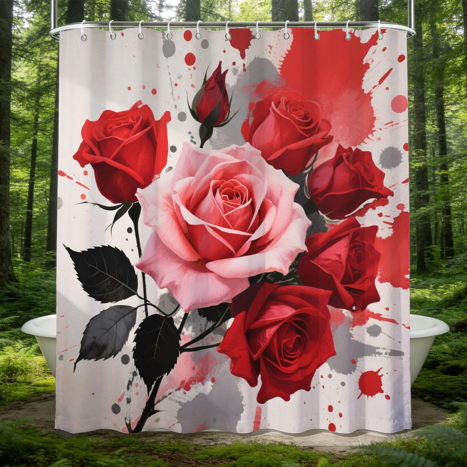 Hongduo 3D Watercolor Rose Shower Curtain for Stalls Bathtubs Watercolor Style Bathroom Decor Shower Curtain Set Polyester Fabric Waterproof 180x200cm/71X79 Inch with Hooks