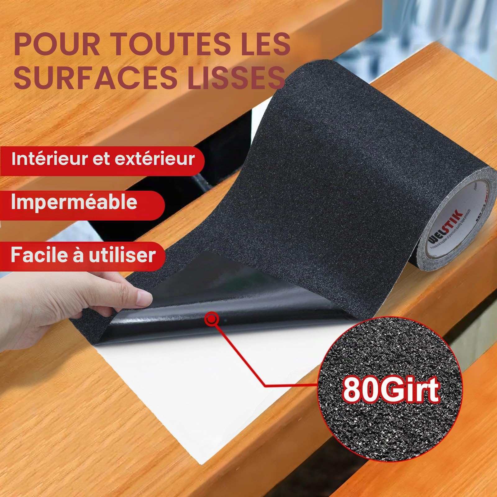 WELSTIK Bande adhésive antidérapante avec autocollant - 200 mm x 5 m - Pour marches d'escalier - Haute traction - Pour l'intérieur et l'extérieur - Imperméable - Noir