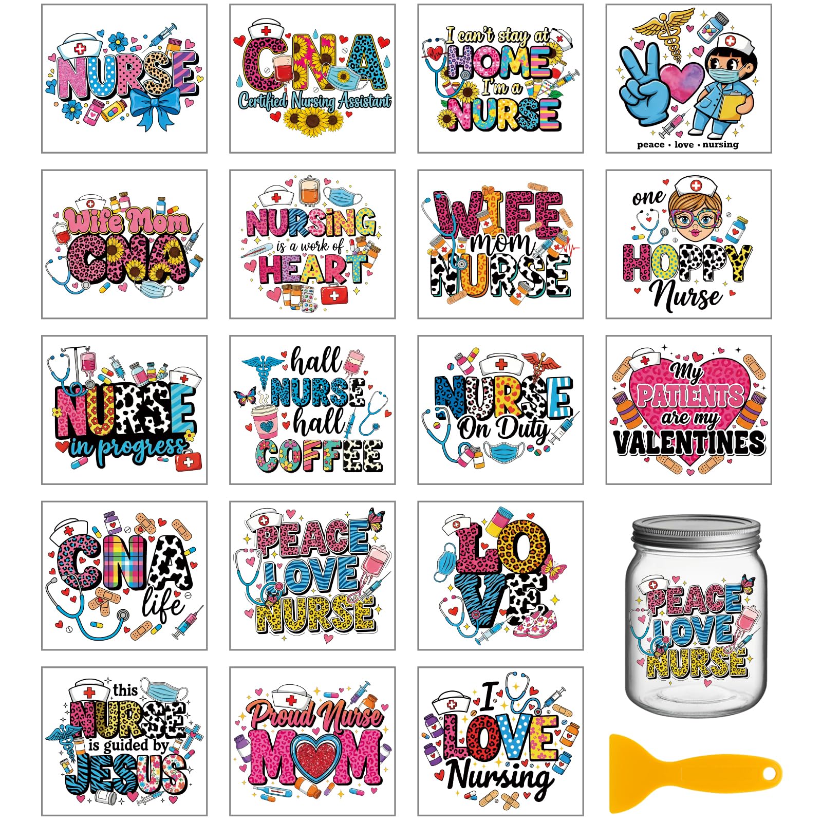 GLOBLELAND 18 Sheets Nurses' Day Text Transfers Stickers 3.9x3.6 inch