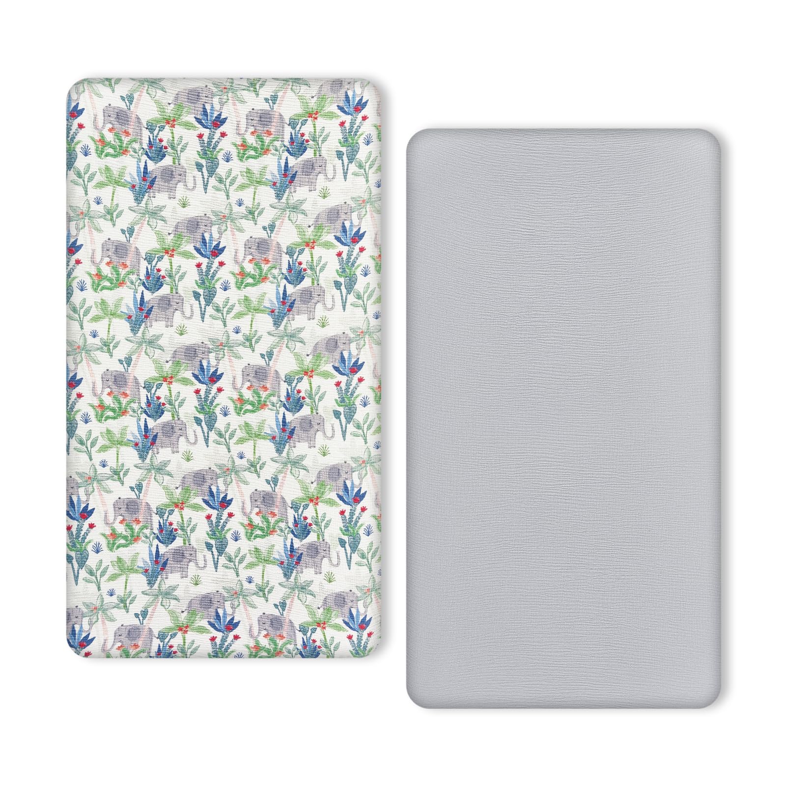 TILLYOU Muslin Crib Sheets for Boys and Girls 2 Pack, Neutral Soft Cotton Baby Crib Mattress Protector, for 52x 28 Toddler Bed, Rainforest Elephant &amp; Grey
