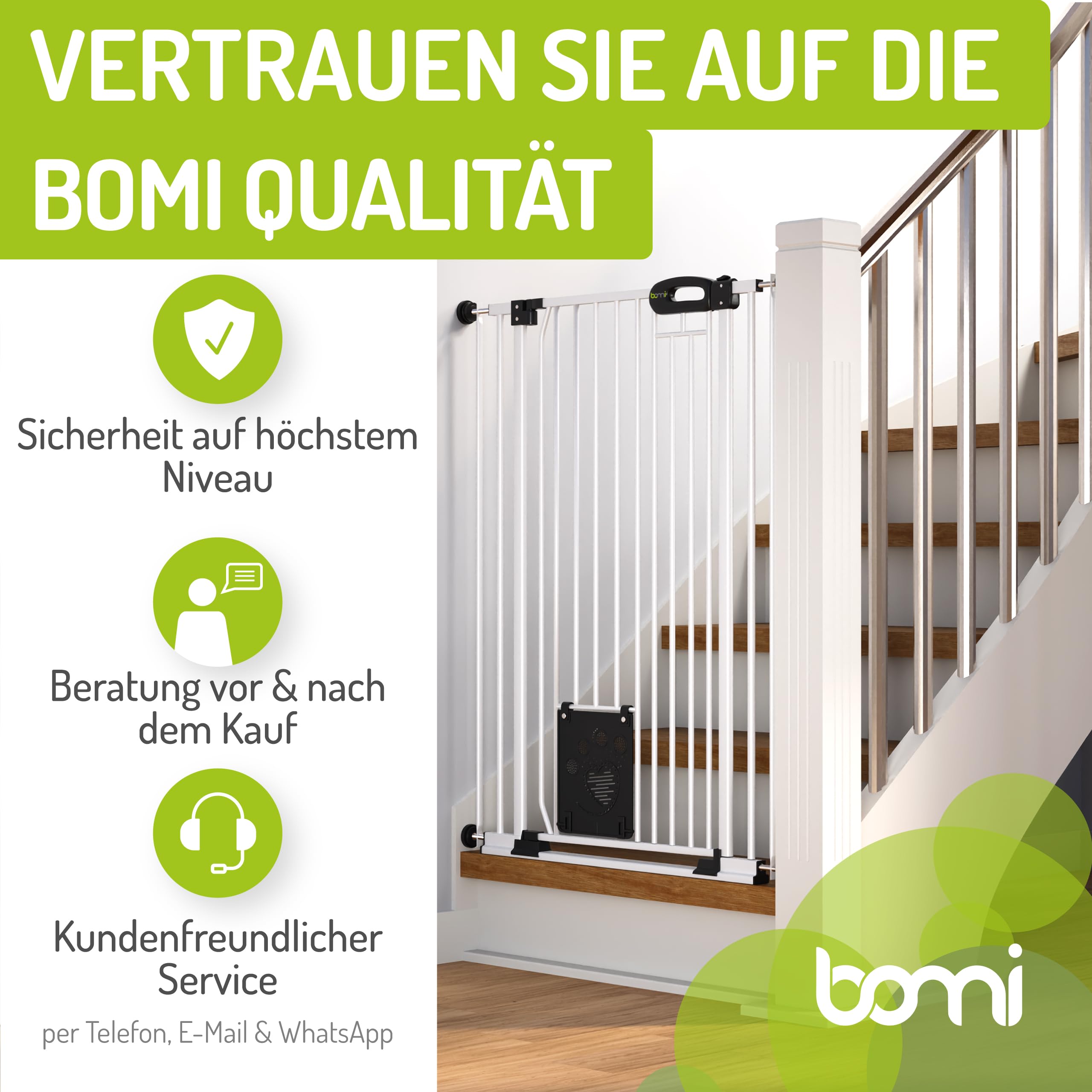 BOMI Tierschutzgitter Merle| Treppenschutzgitter ohne Bohren| Ideal als Absperrgitter Hund, Katzengitter Tür & Welpenzaun | Extra Enge Stäbe | Hundegitter Wohnung weiß Metall | Breite: 73-83 cm