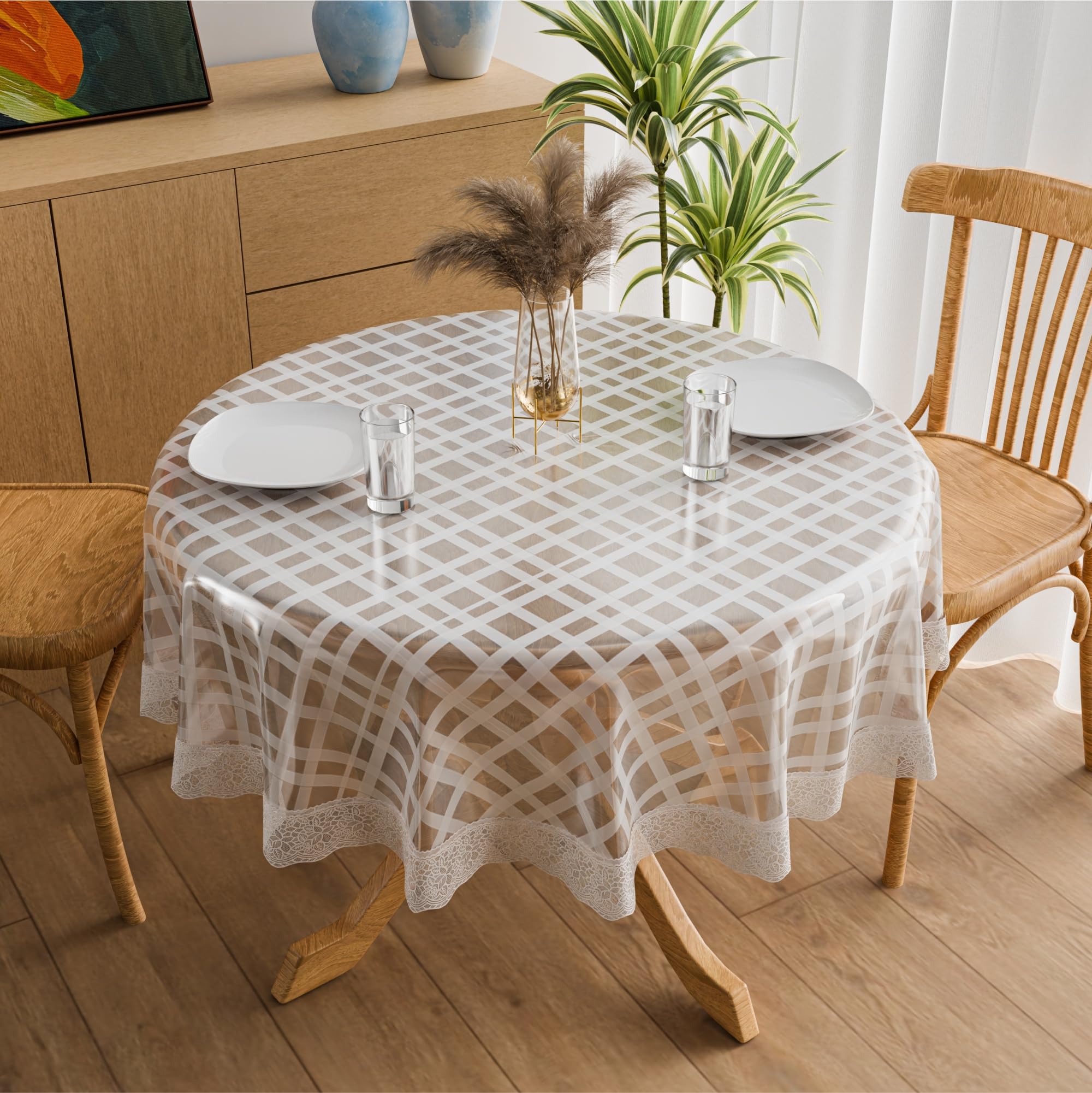 Kuber Industries 60x60 Inch PVC Round Table Cloth 4 Seater | Waterproof Dining Table Cover/Protector Sheet for Home, Party and Events | Self Check Print - White