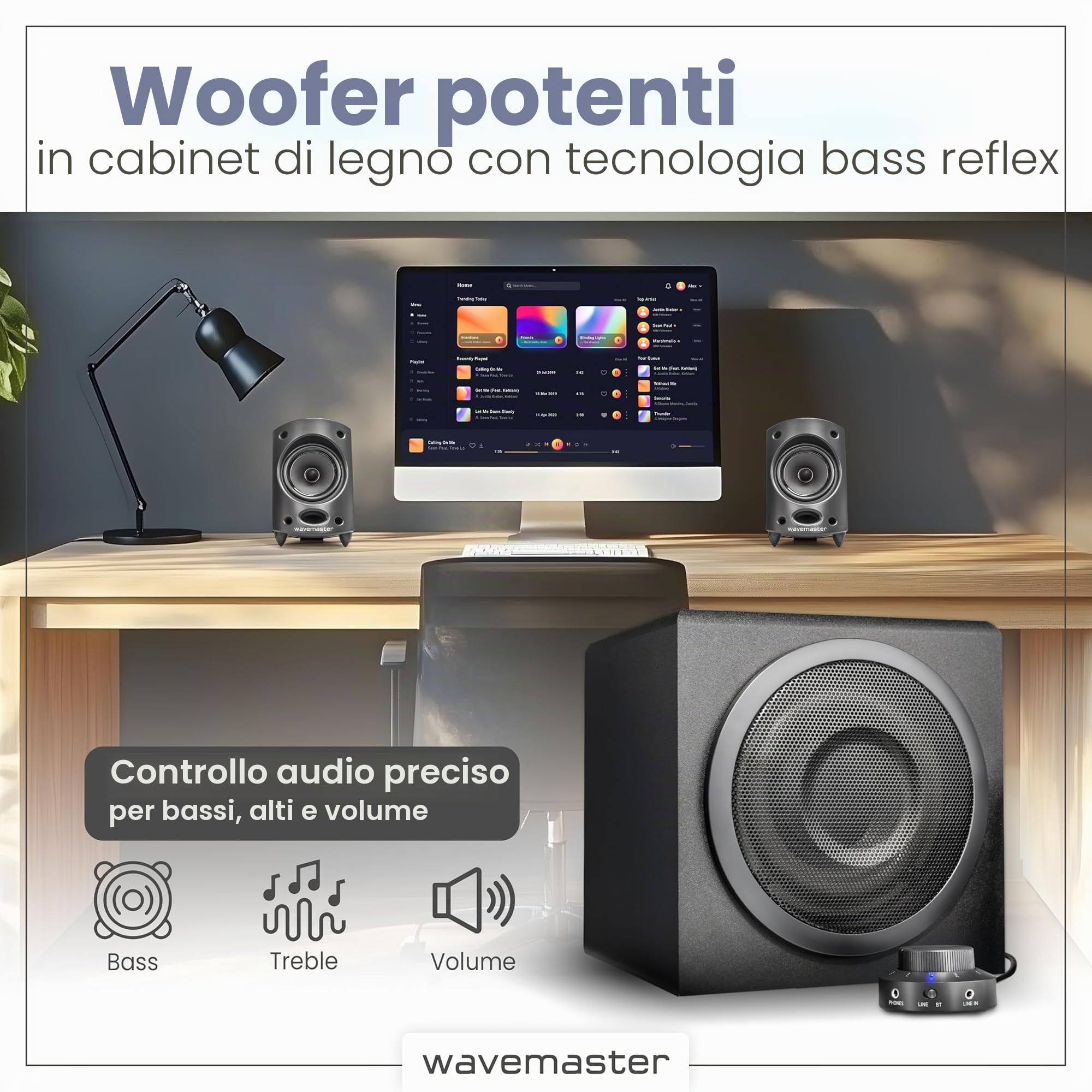 Wavemaster 66206 Moody Bt 2.1 Sistema di Altoparlanti (65 Watt) con Utilizzo di Casse Acustiche Streaming Bluetooth per Tv/Tablet/Smartphone/PC Color Nero