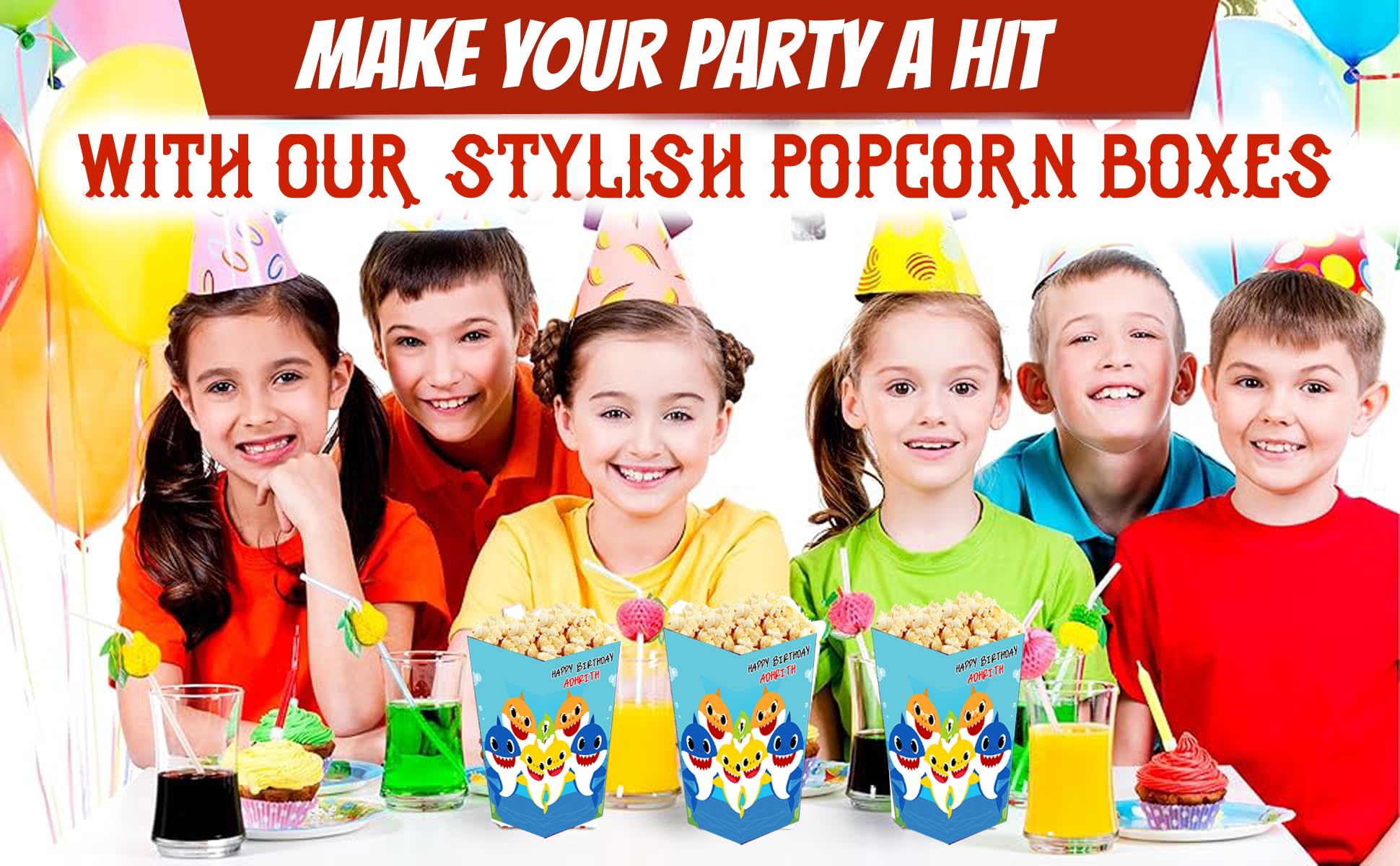WoW Party Studio Personalized Shark Under Sea Theme Popcorn Holder/Cups, Sleeves, Material - 300 GSM thick Cardstock Paper, with Birthday Boy/Girl Name Printed - 10 Pcs 2