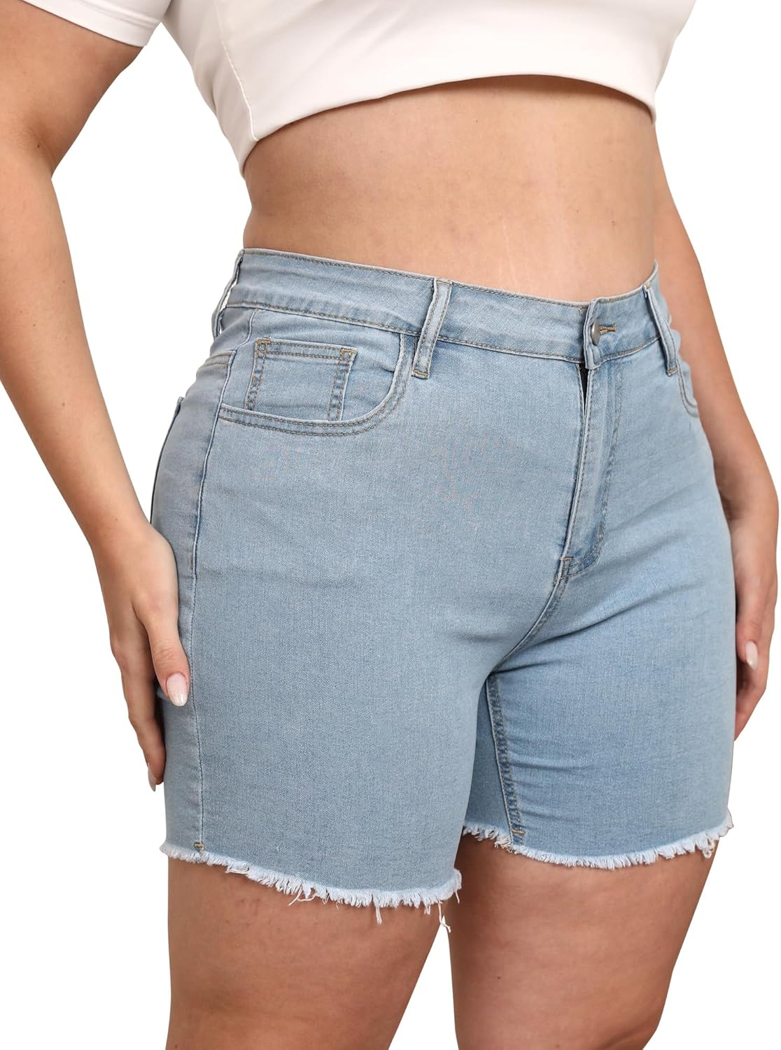 Women Plus Size Jean Shorts Stretchy High Waisted Frayed Raw Hem Denim Shorts 5.5" Inseam - Image 3
