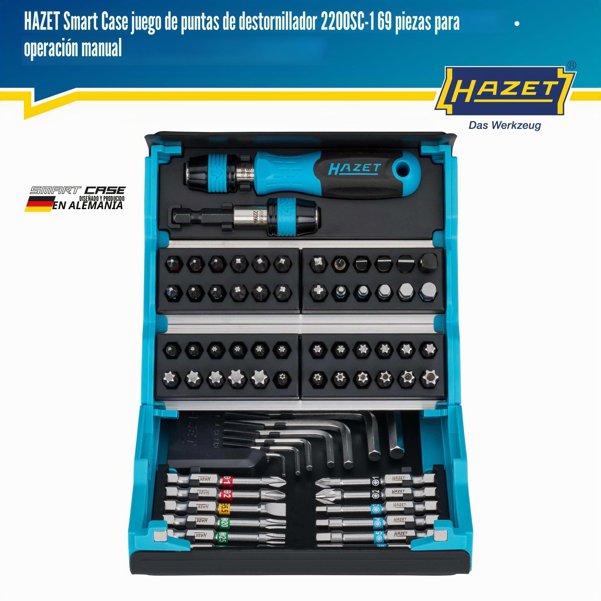 HAZET SmartCase juego de puntas 2200SC-1 I Juego de puntas de 69 piezas, accionamiento: hexagonal 6,3 mm (1/4 pulgada), para uso manual I maletín de herramientas móvil FABRICADO EN ALEMANIA