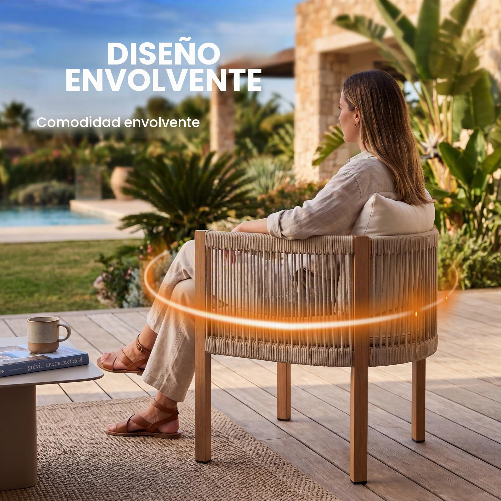 Ya-Home Juego de 2 Sillas Jardín Exterior con Brazos,Beige | Nórdico, Impermeable, Respaldo PE Trenzado, Estructura Metálica Acabado Madera, Cremalleras, para Terraza/Jardín/Interior