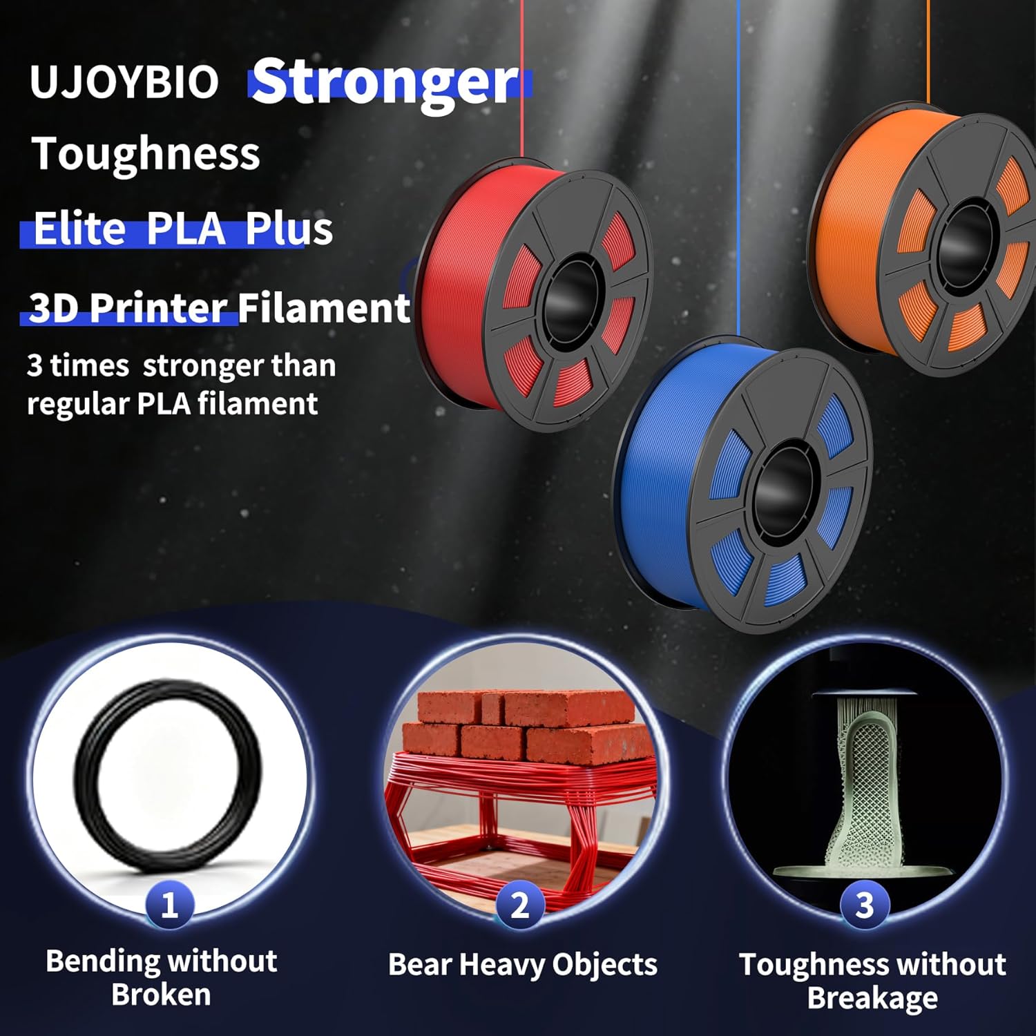 8 Color Bundle Elite PLA+ 3D Printer Filament, Multicolor PLA+ 1.75mm, Individually Vacuum Packed, 0.25kg Spool, 8 Pack (Black+Cream White+Grey+Orange Yellow+Red+Dark Blue+Green+Iris Purple)