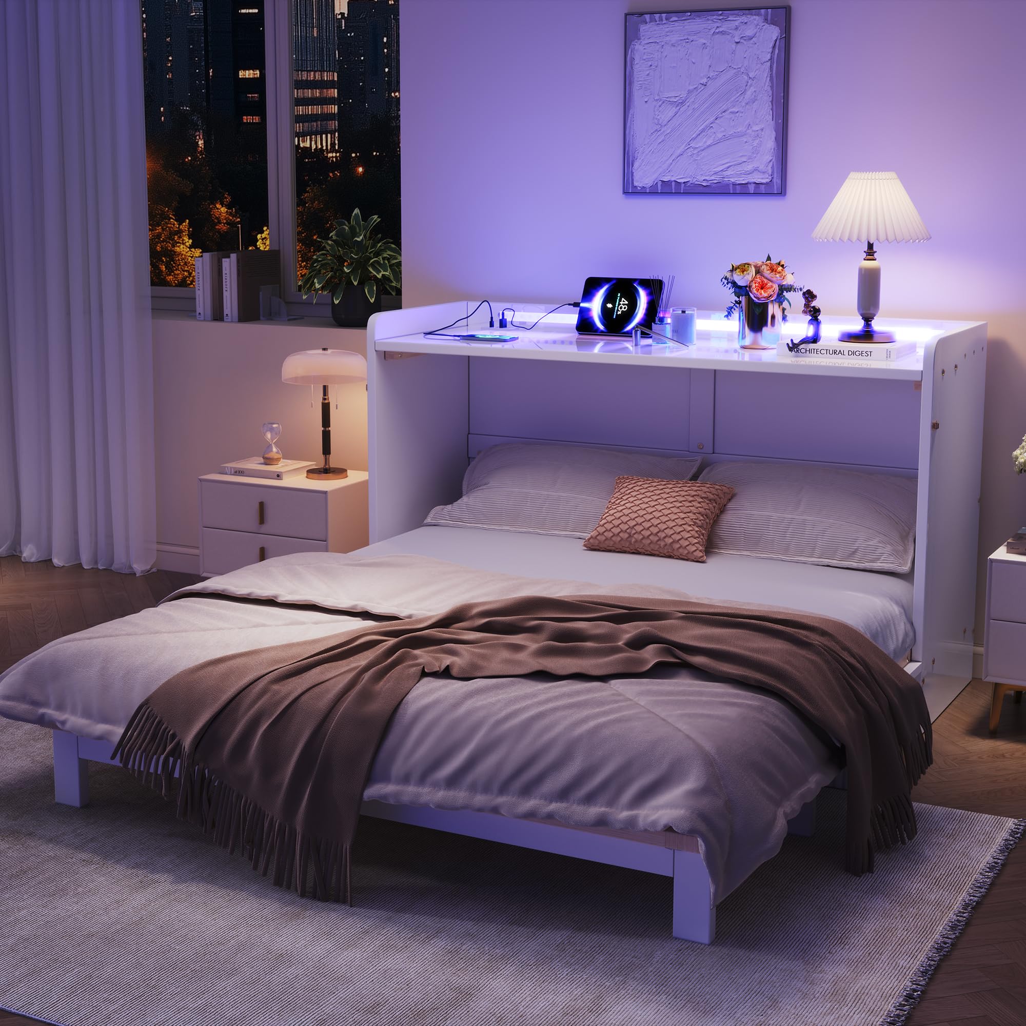 Armario cama, 140 x 200 cm, debajo de la cama se encuentran cajones, con USB y enchufe, barra de luz LED, con placa brillante, cama con plataforma convertible, sin colchón, color blanco