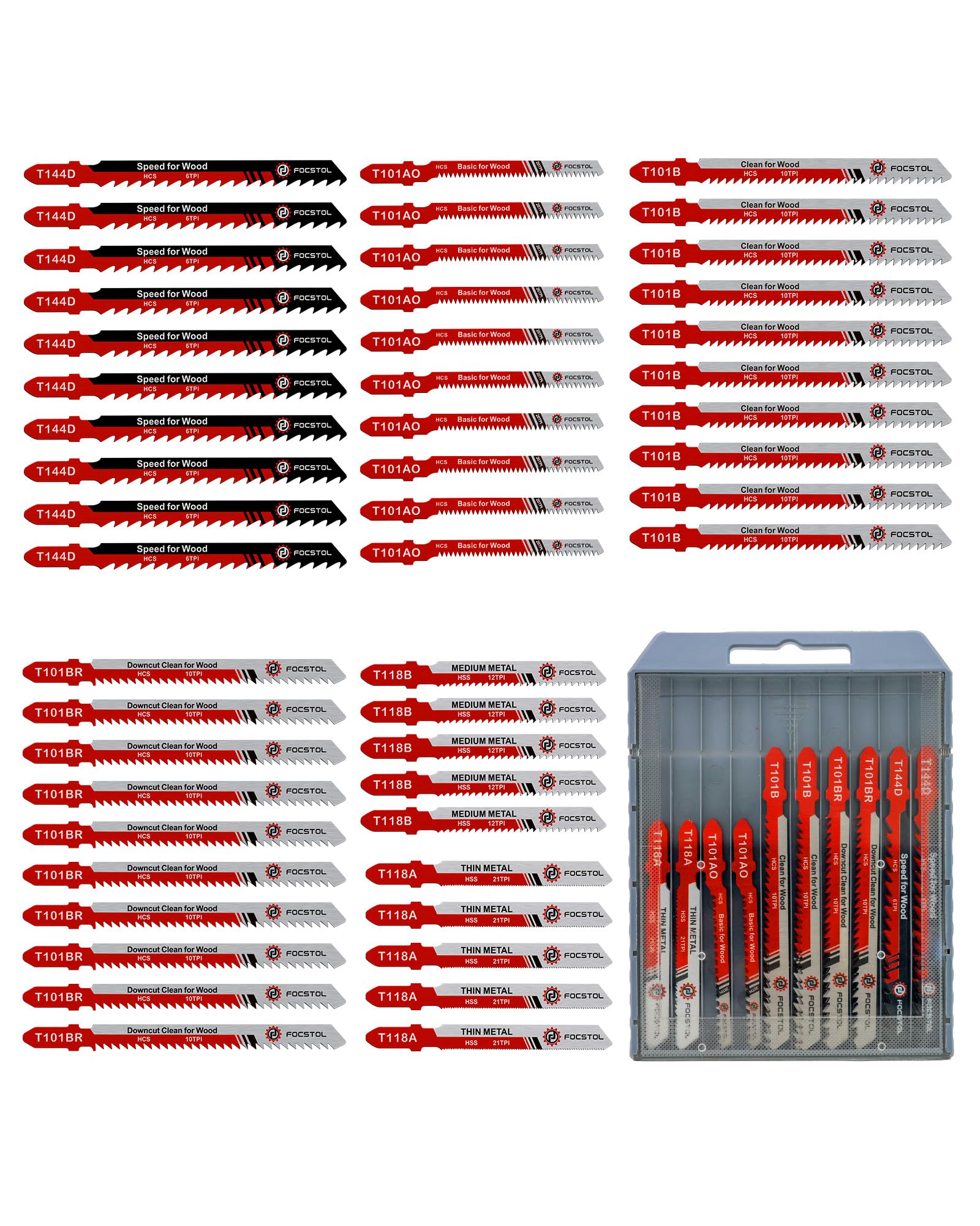 FOCSTOL Juego de Hojas de Sierra de Calar - 50 Piezas HSS/HCS Cuchillas Caladora para Cortar Metal, Madera, Plástico (T118A,T118B,T101AO,T101B,T101BR,T144D)