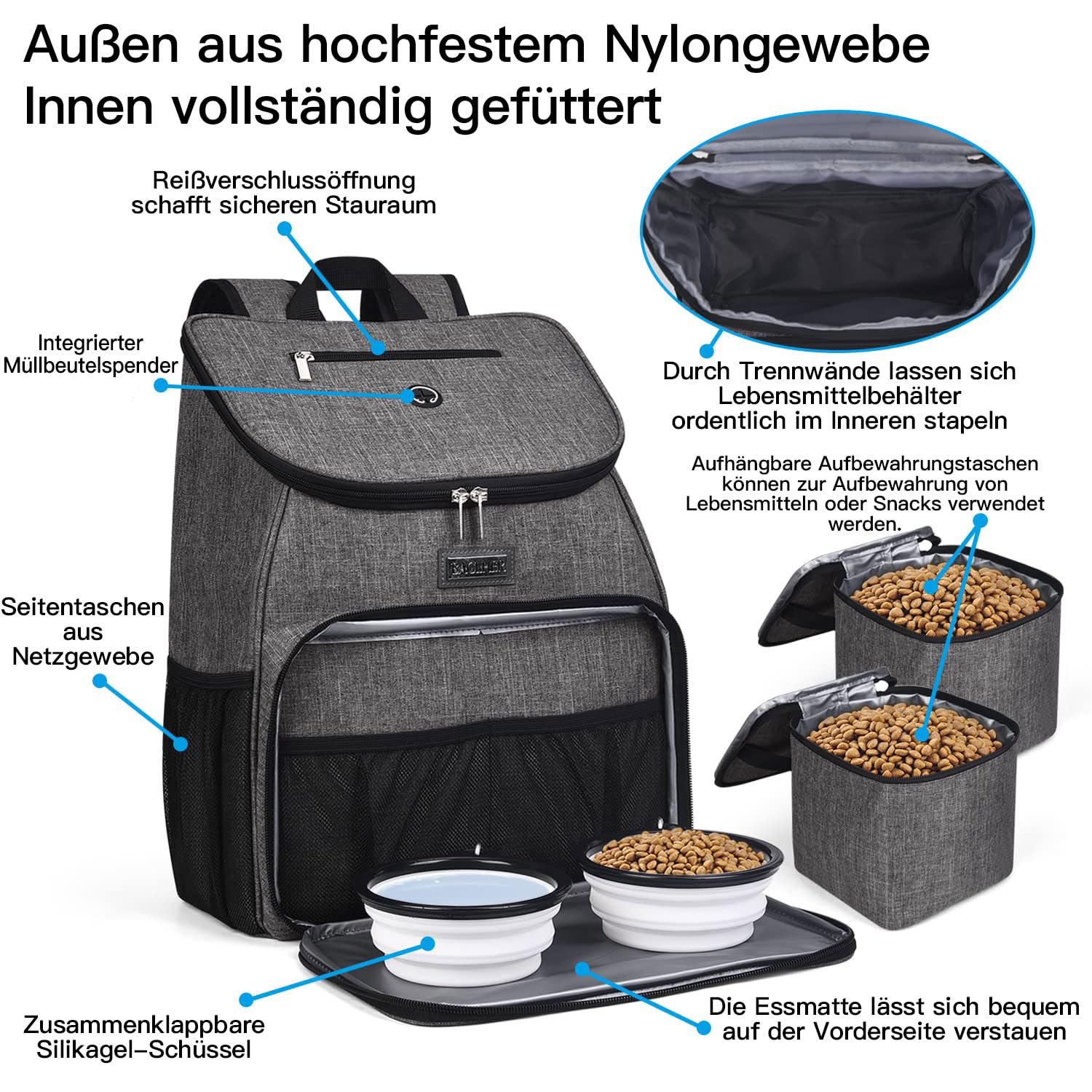 BAGLHER 丨Hundetasche, von Fluggesellschaften zugelassener Haustierbedarf, Rucksack für Hunde, Reise-Rucksack-Zubehör-Set mit 2 faltbaren Silikonnäpfen und 2 Futterkörben, Grau