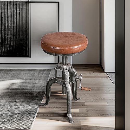 Miniatura 7 de Topower Taburete de manivela industrial antiguo de hierro fundido Silla de tres patas Taburete de bar de cuero PU