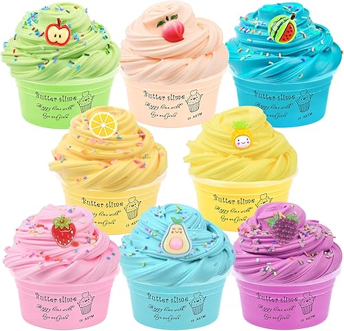 Paquete de 8 mini kit de limo de mantequilla, con fresa, uva, rodajas de limón, etc. 8 dijes divertidos de slime de color y limo, suave y elástico,