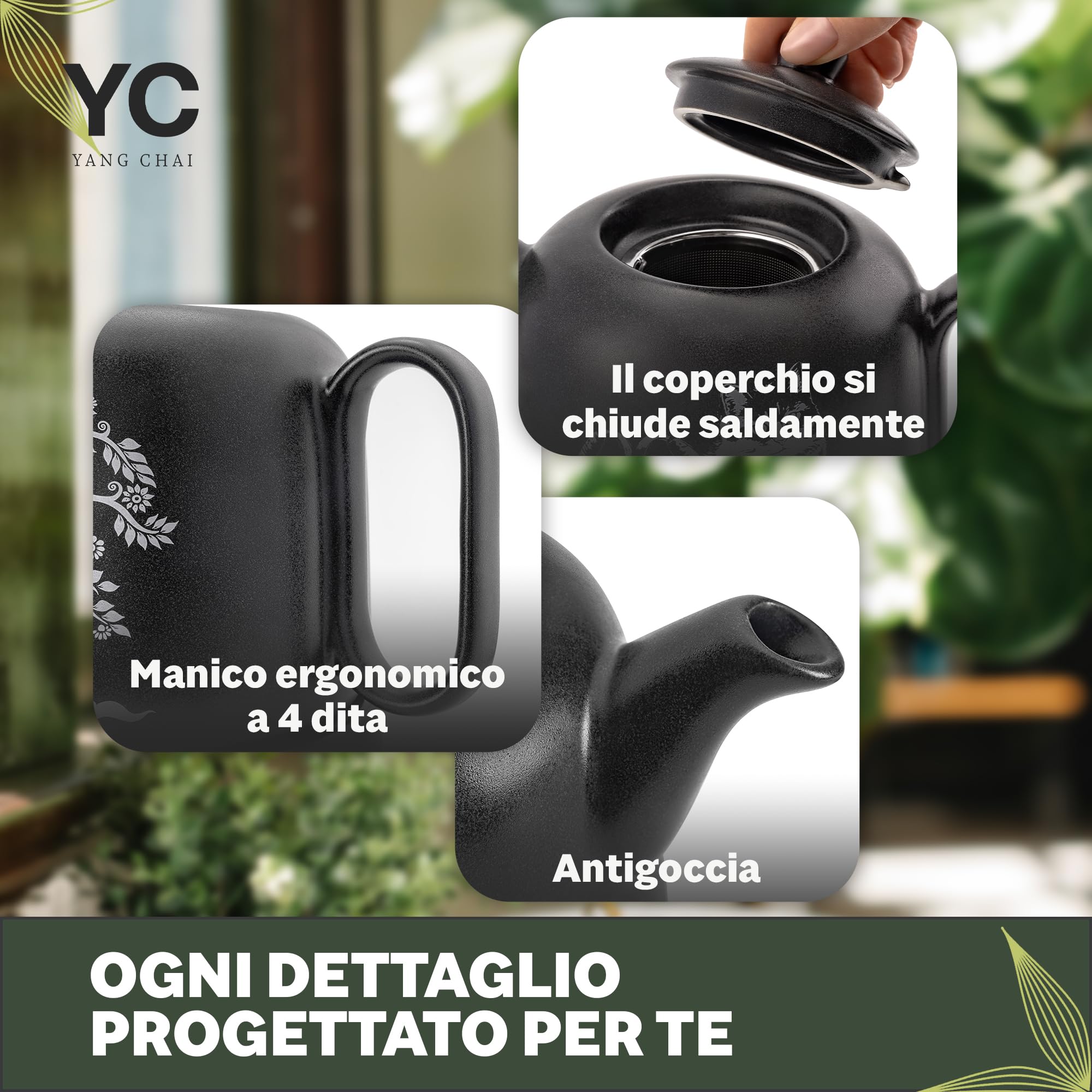 YC Yang Chai YC TREE - Teiera con fornelletto, in ceramica nera opaca, 1,3 l, teiera con filtro – antigoccia e resistente al calore – teiera in ceramica fatta a mano – calore duraturo